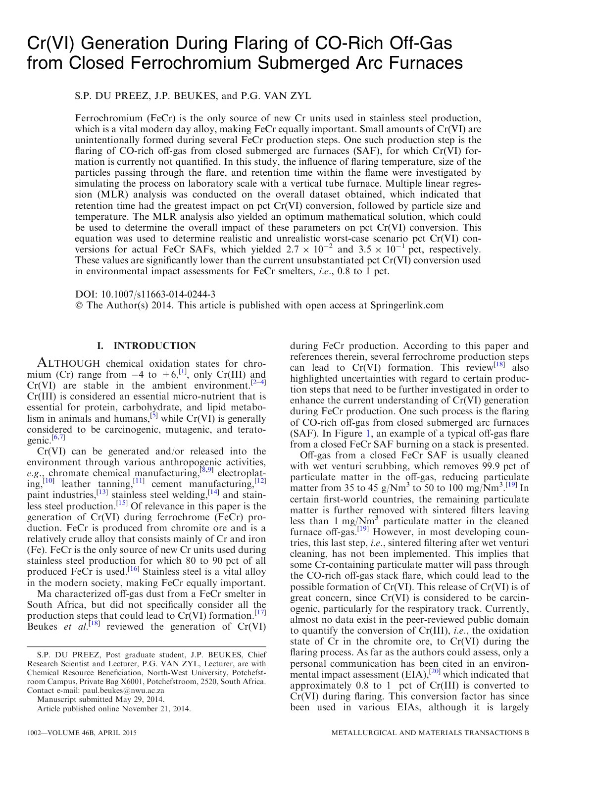 First page of 2014 S.P. du Preez Cr VI Generation During Flaring of CO Rich Off Gas from Closed Ferrochromium Submerged Arc Furnaces s11663 014 0244 3