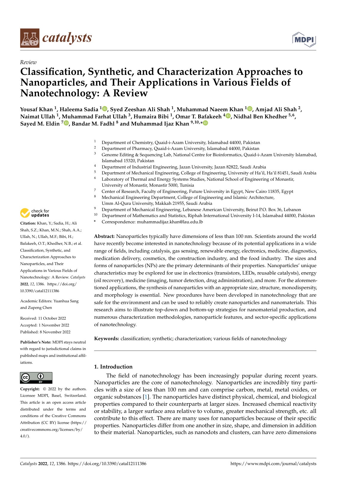 First page of Classification, Synthetic, and Characterization Approaches to Nanoparticles, and Their Applications in Various Fields of Nanotechnology: A Review