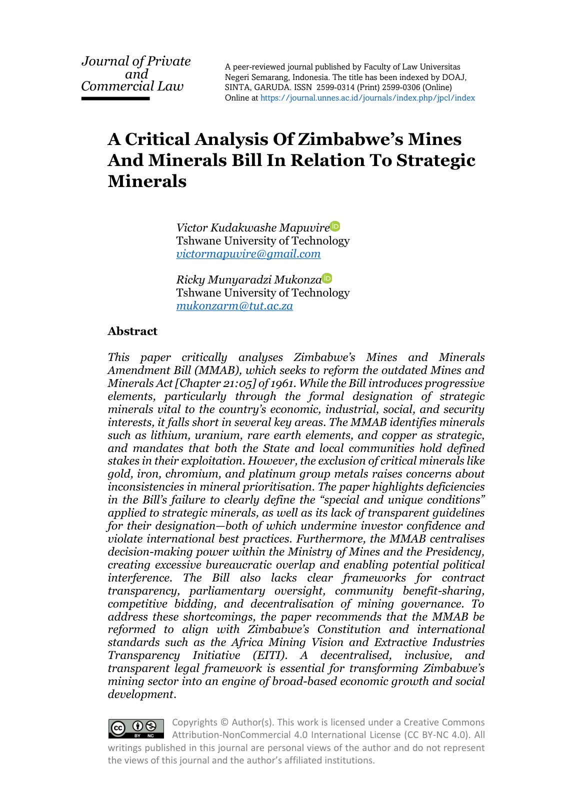 First page of A Critical Analysis Of Zimbabwes Mines And Minera
