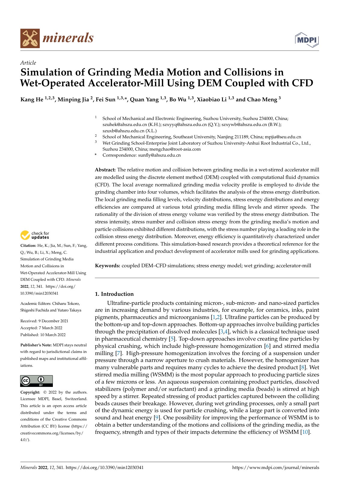 First page of Simulation of Grinding Media Motion and Collisions in Wet-Operated Accelerator-Mill Using DEM Coupled with CFD