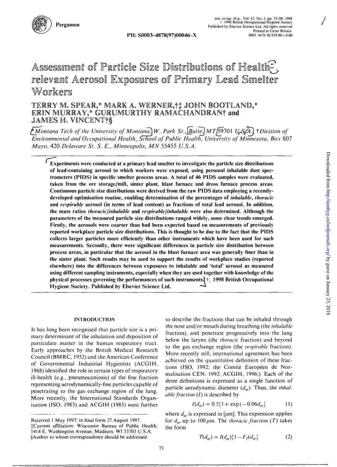 First page of Assessmmerait of Partk k Siz e Dnsltrilbiuiltnoinis ^ reflevaimt Aeroso l Exposure s o f Primar y Lea d Smrneltteir Worker s