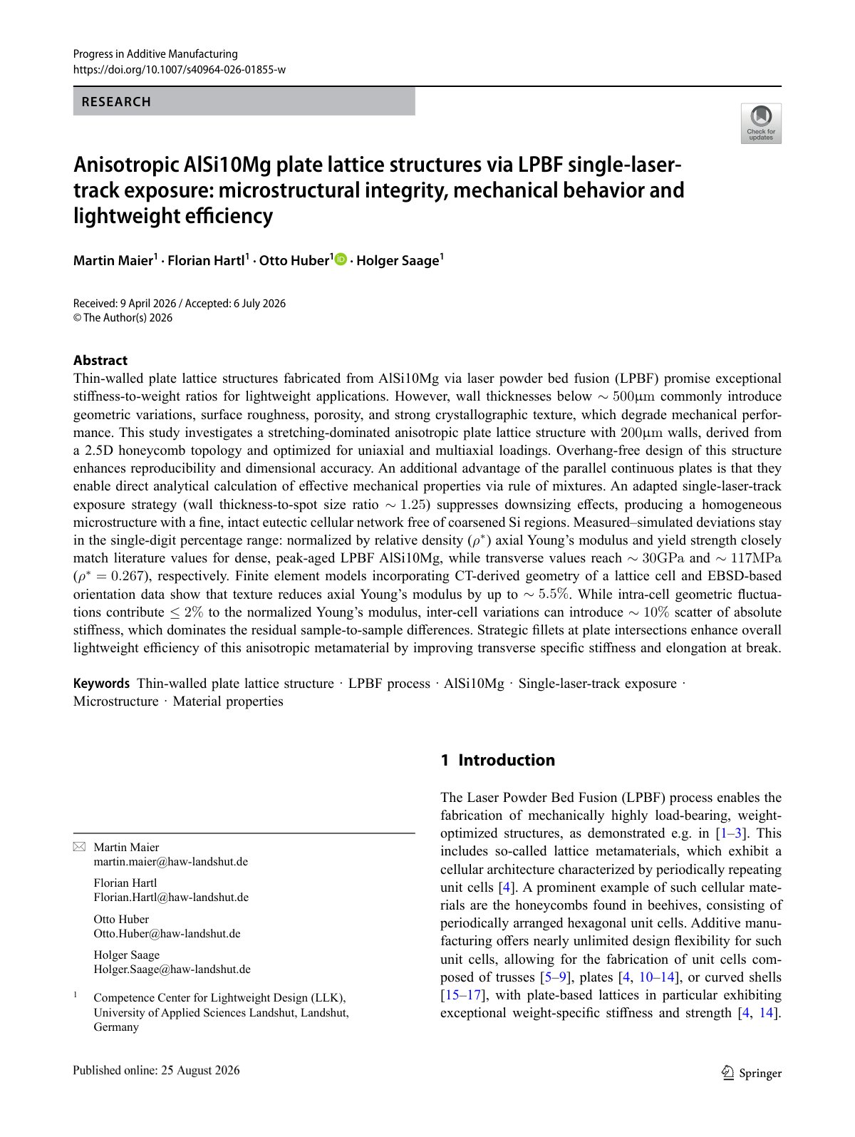 First page of 2026 Maier AlSi10Mg Lattice Microstructure