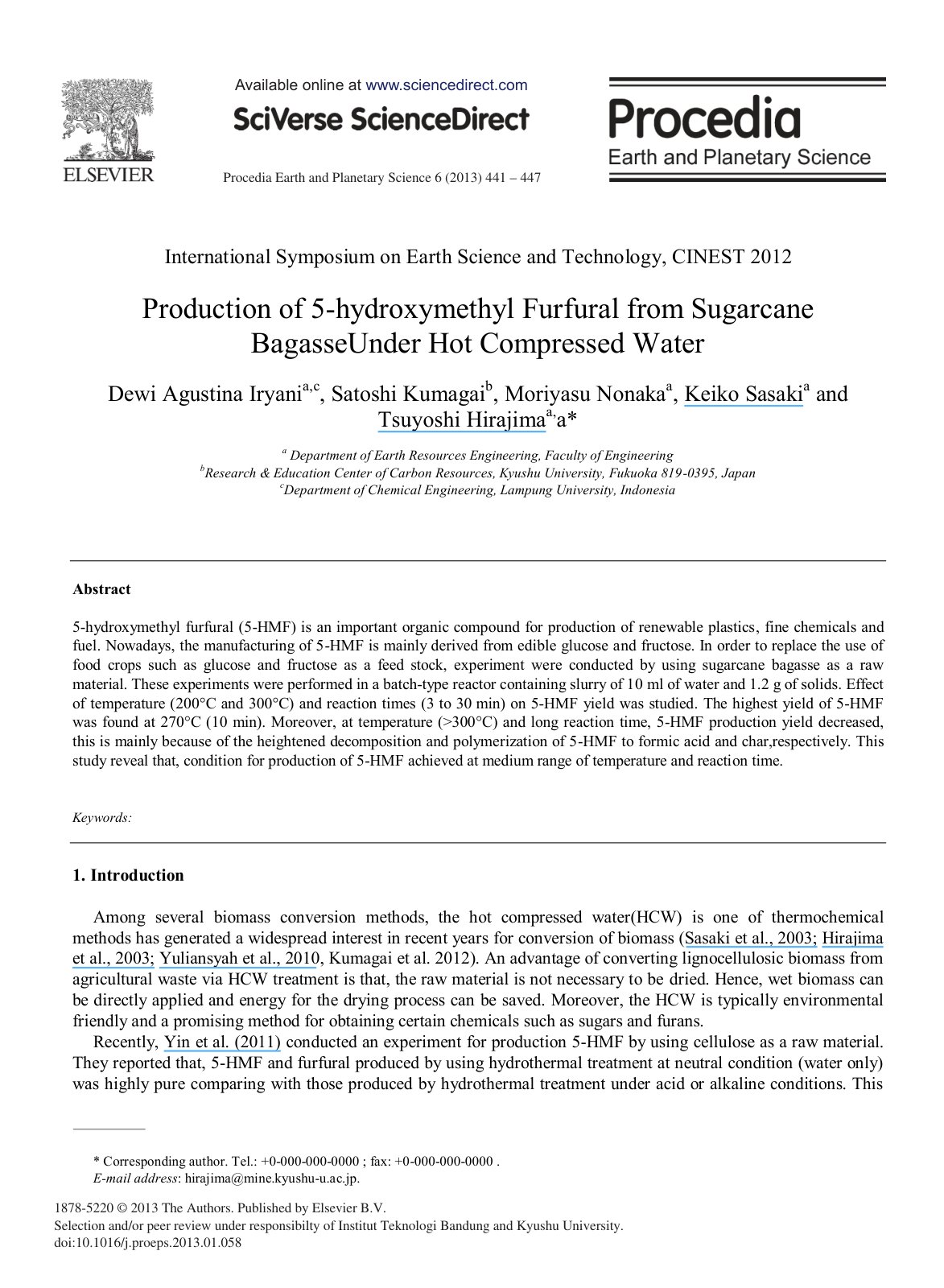 First page of Production of 5 hydroxymethyl Furfural f