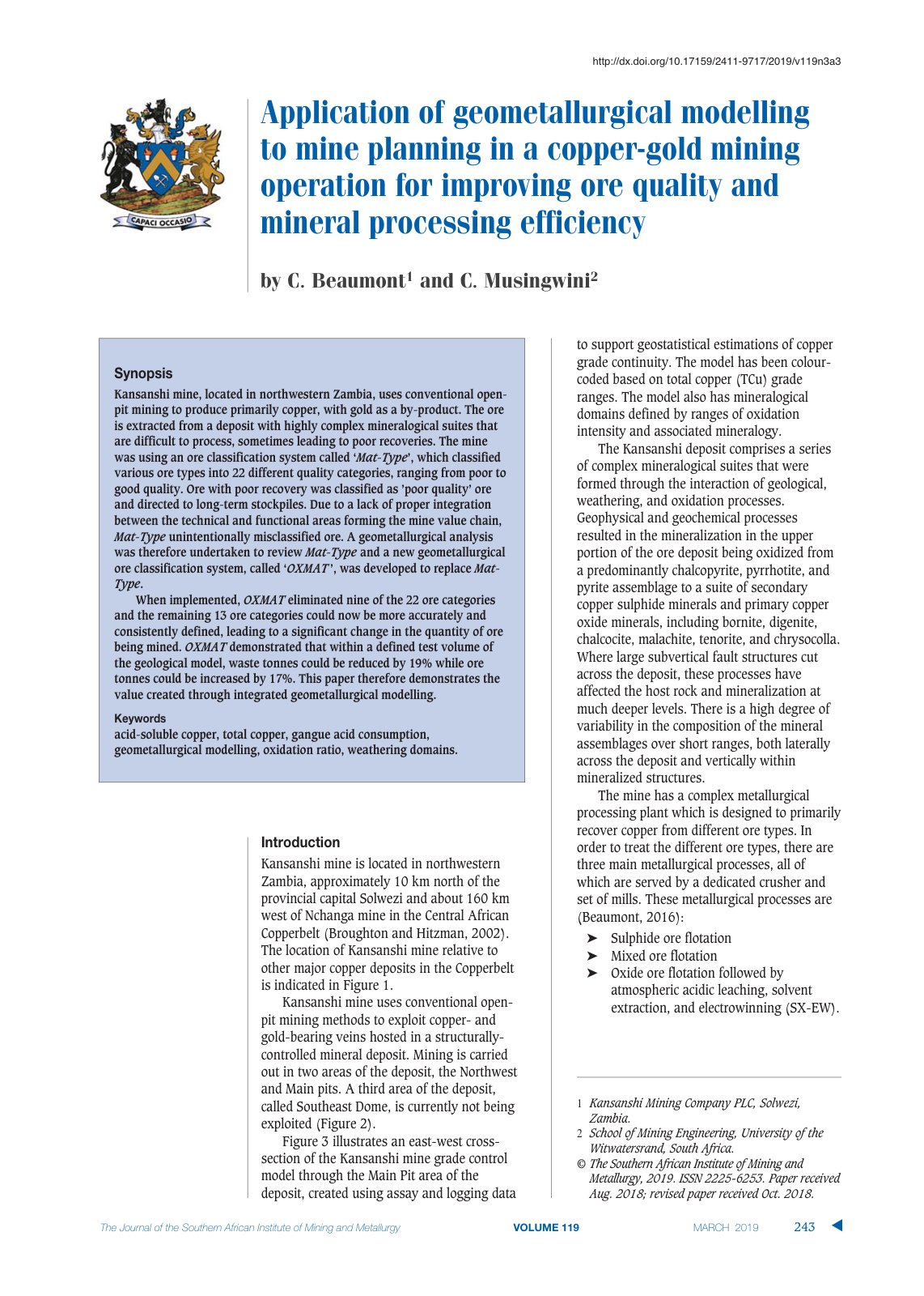First page of Application of geometallurgical modellin