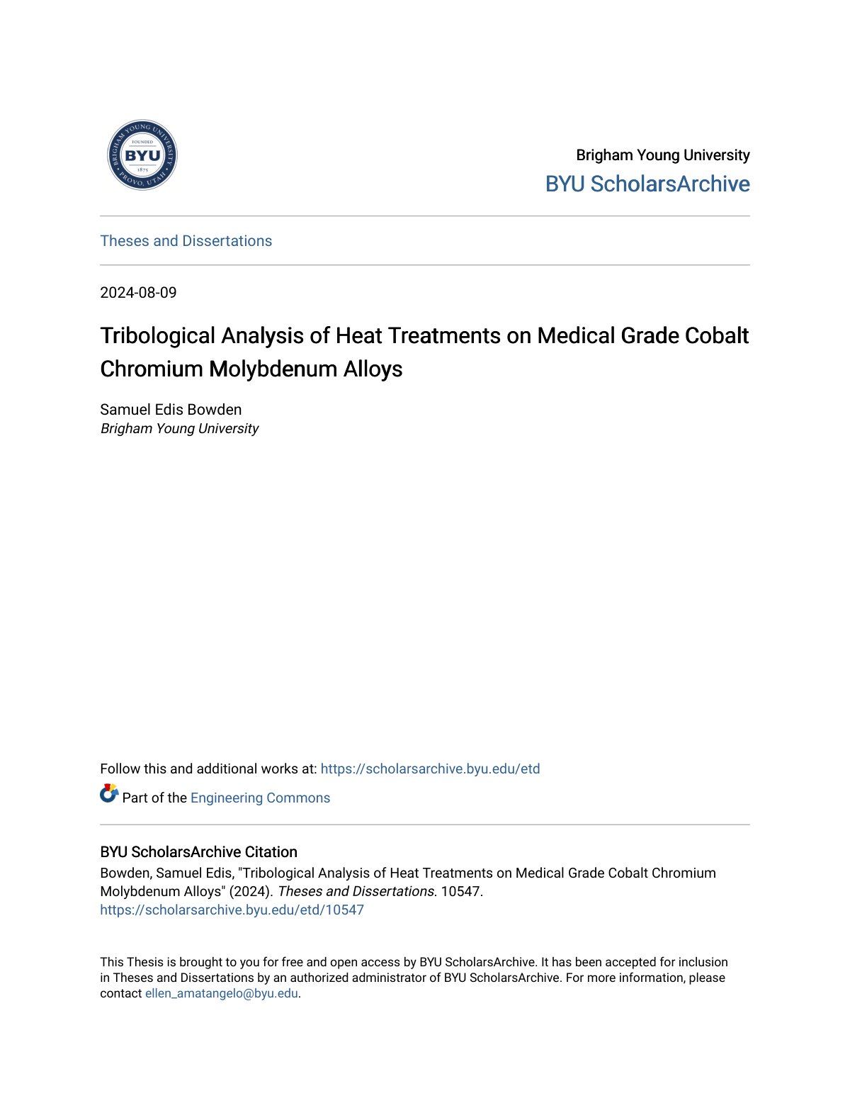 First page of Tribological Analysis of Heat Treatments on Medical Grade Cobalt Chromium Molybdenum Alloys
