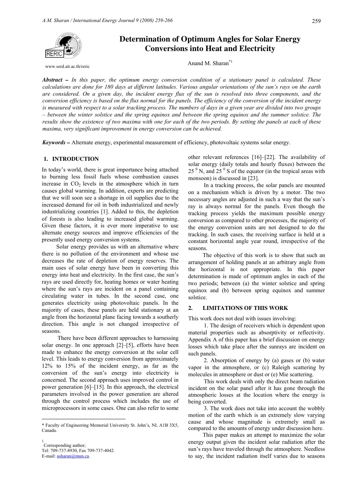 First page of Determination of Optimum Angles for Sola