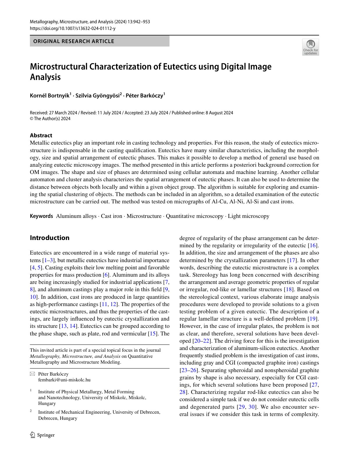 First page of 2024 Bortnyik Eutectics Digital Image Analysis