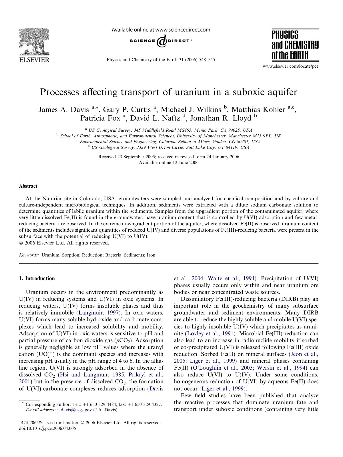 First page of Processes aﬀecting transport of uranium in a suboxic aquifer