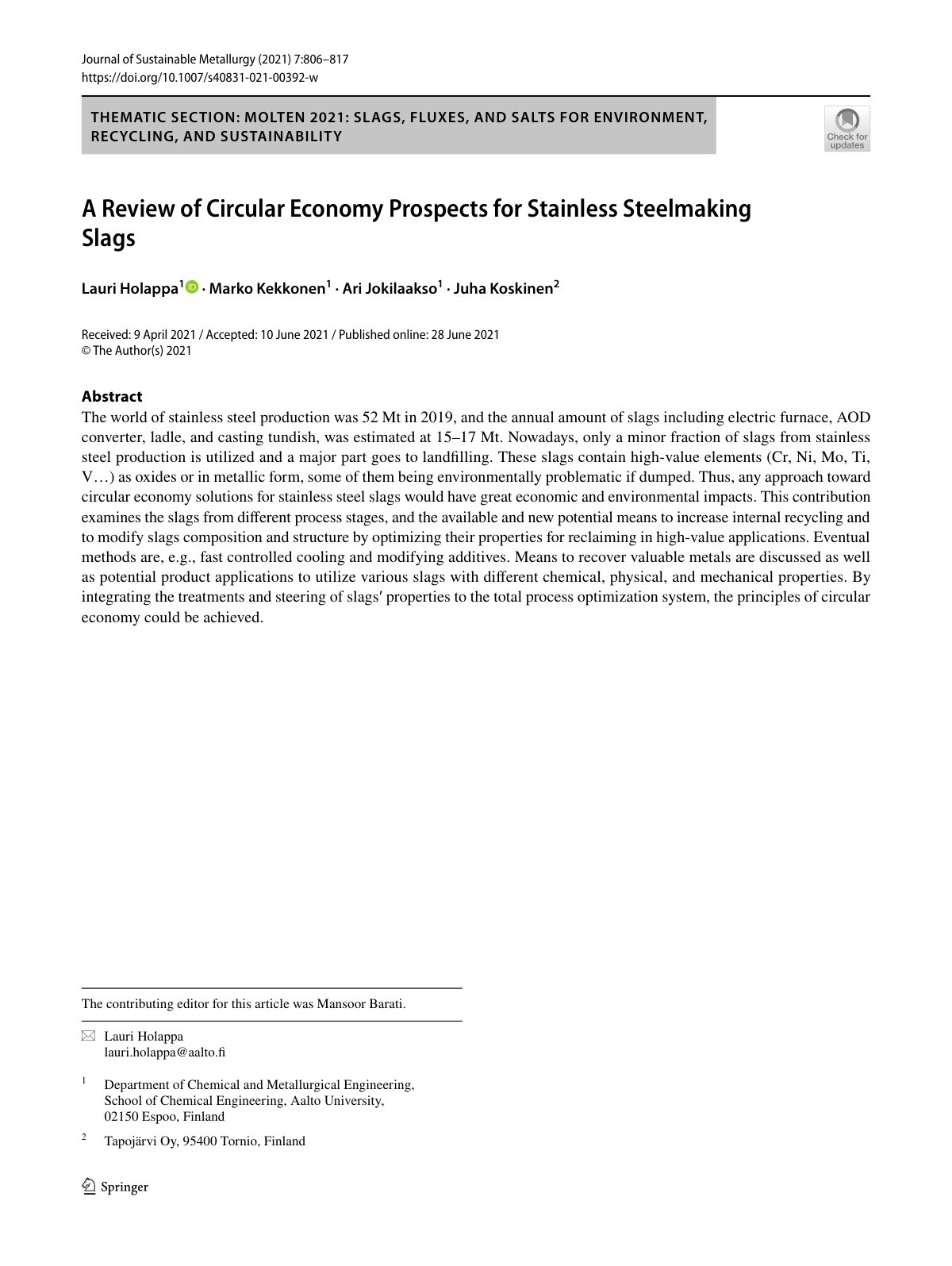 First page of A Review of Circular Economy Prospects for Stainless Steelmaking Slags