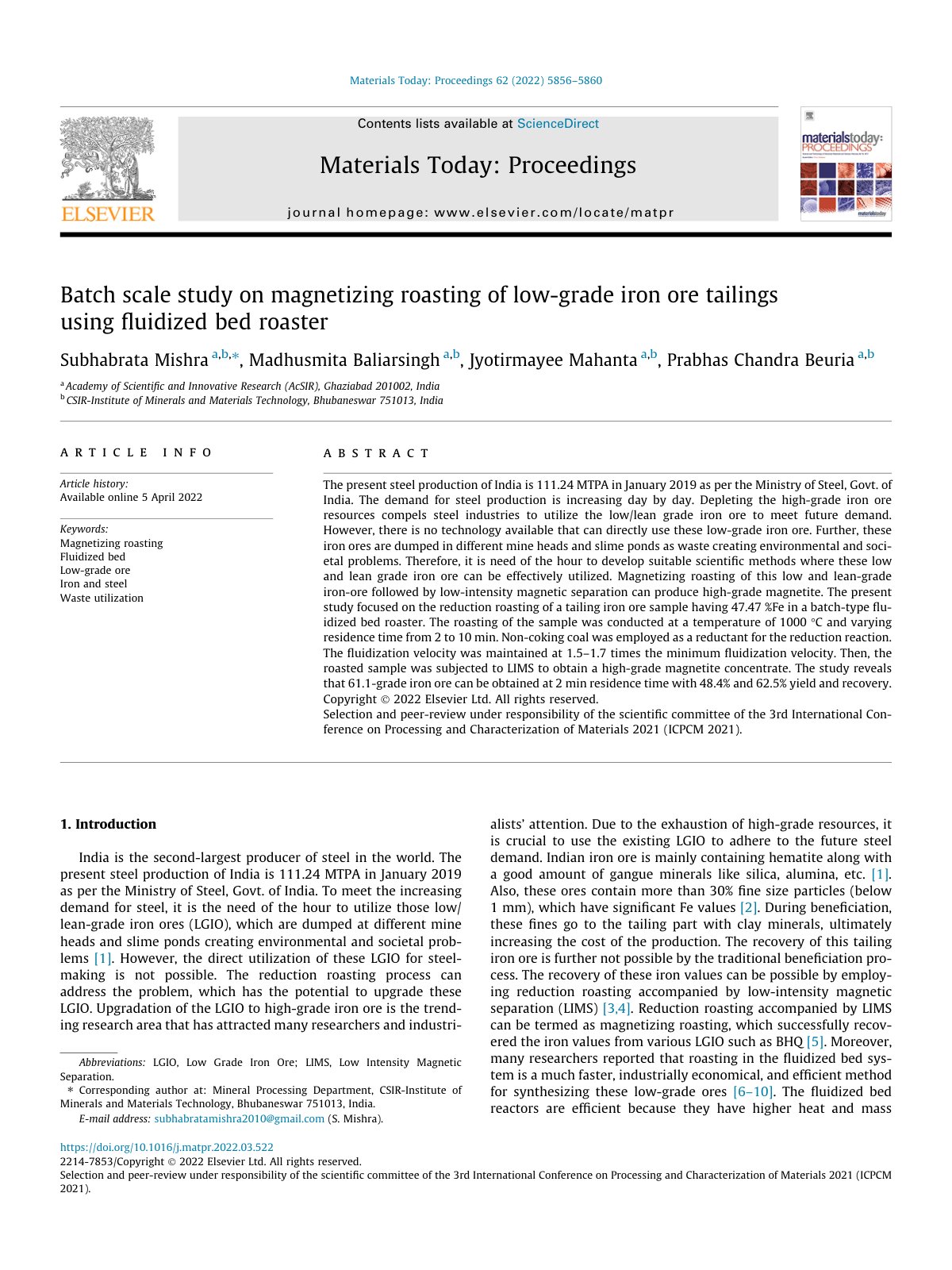 First page of Batch scale study on magnetizing roasting of low-grade iron ore tailings using fluidized bed roaster