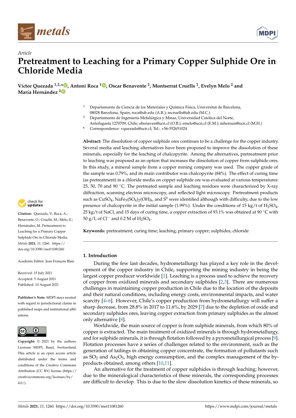First page of Pretreatment to Leaching for a Primary Copper Sulphide Ore in Chloride Media