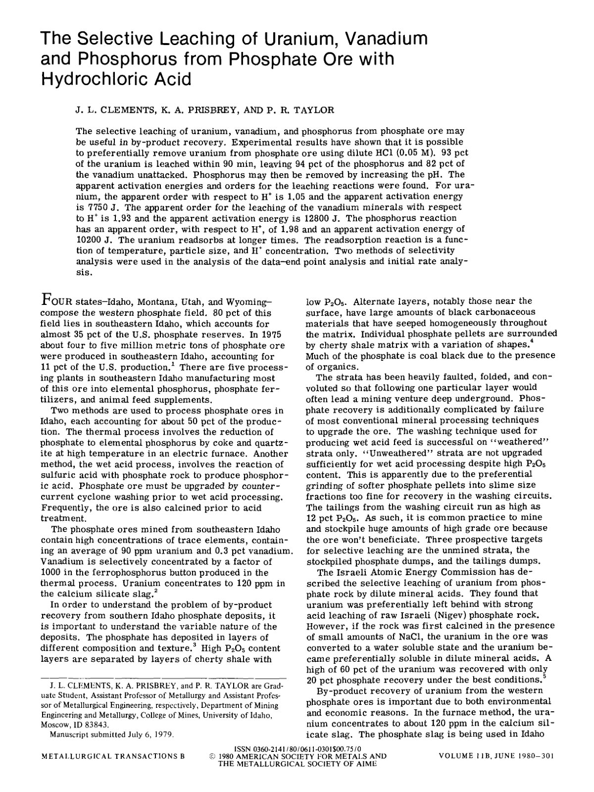 First page of The selective leaching of uranium vanadi