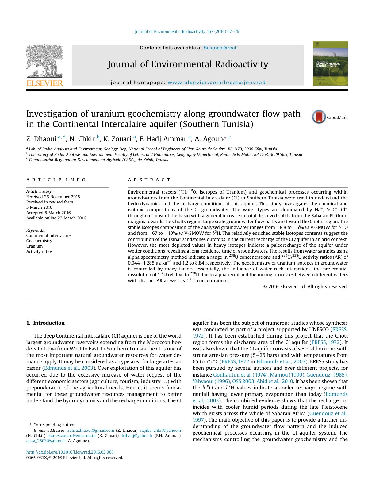 First page of Investigation of uranium geochemistry along groundwaterﬂow path in the Continental Intercalaire aquifer (Southern Tunisia)