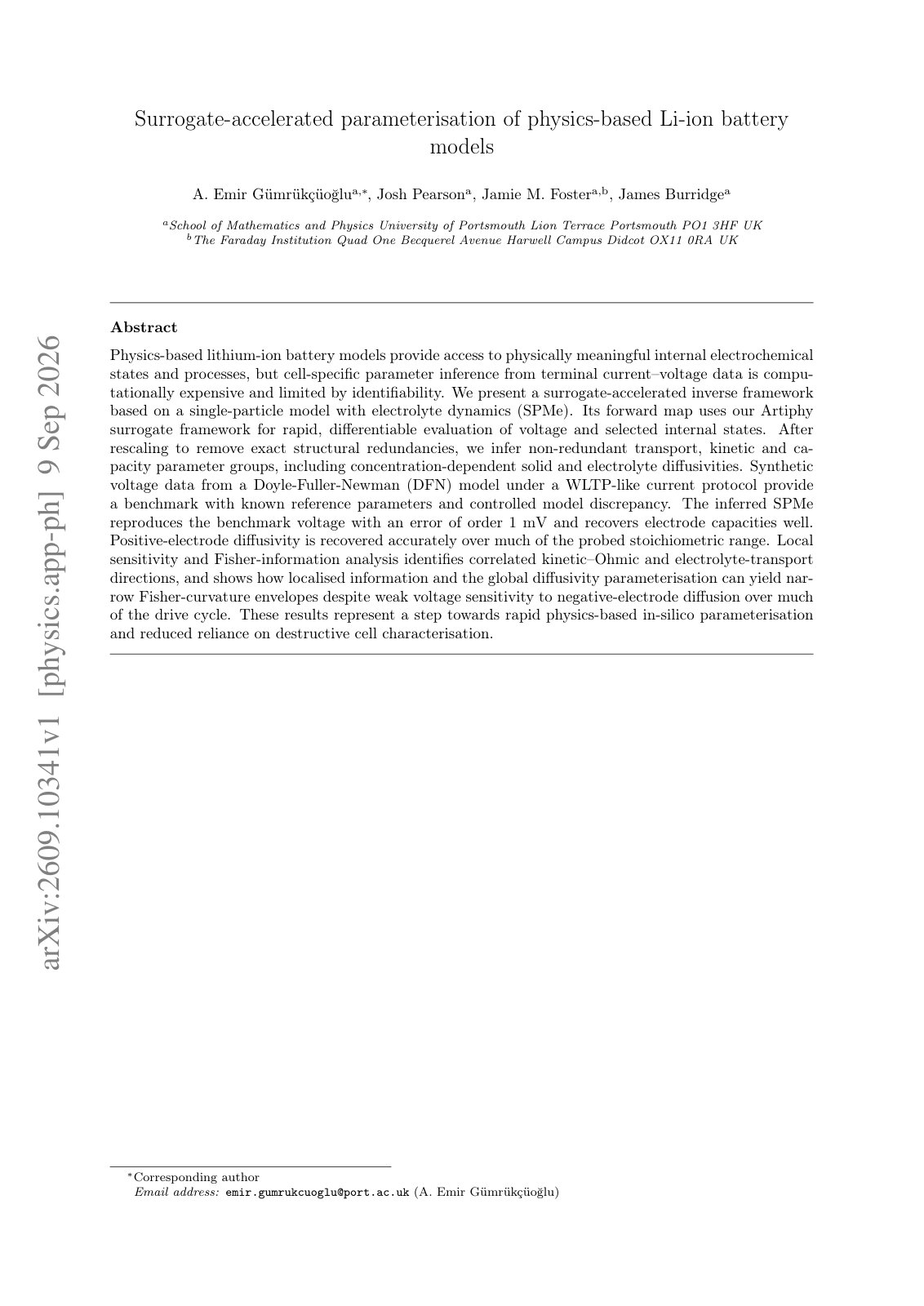 First page of Surrogate-accelerated parameterisation of physics-based Li-ion battery models