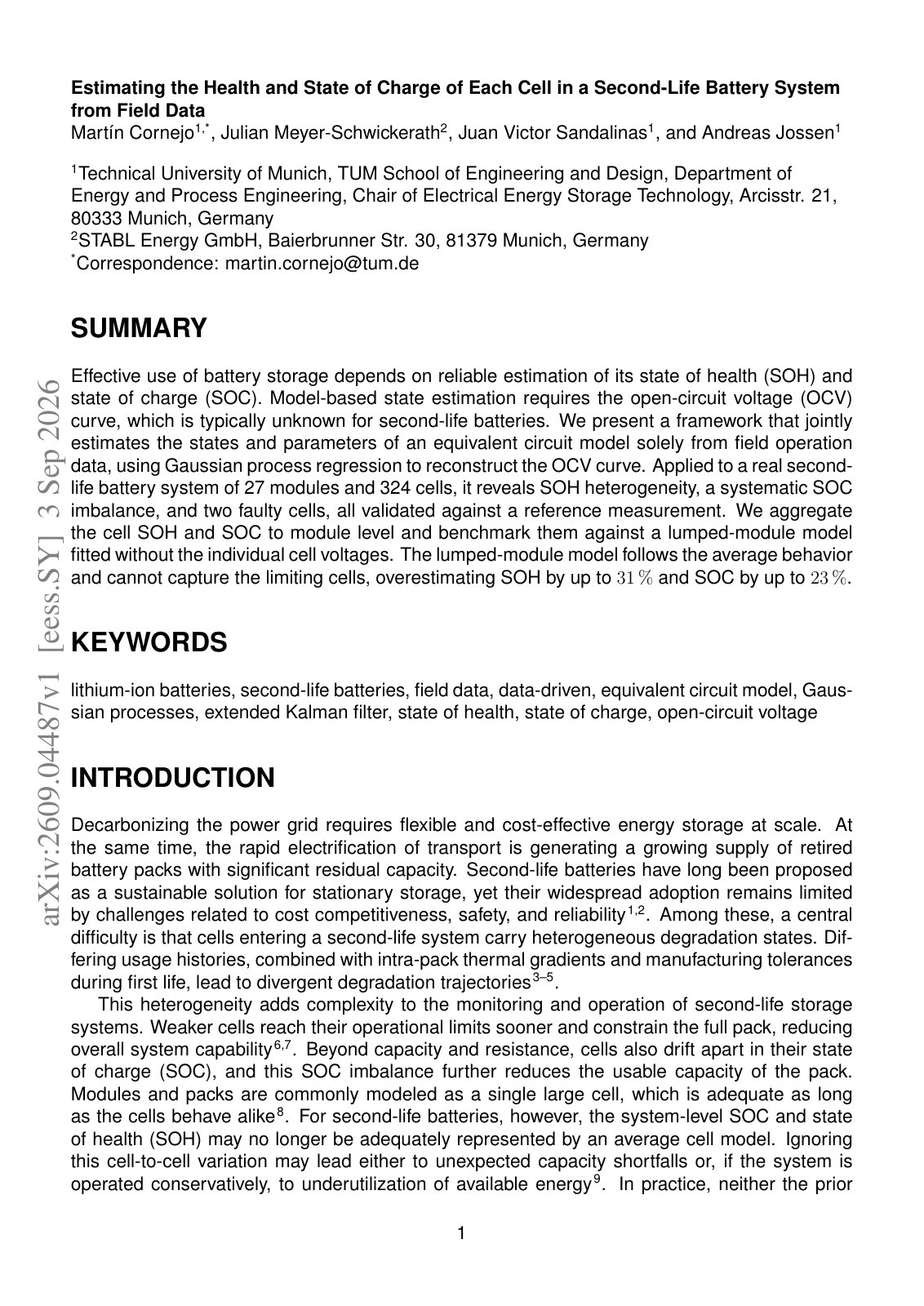 First page of Estimating the Health and State of Charge of Each Cell in a Second-Life Battery System from Field Data