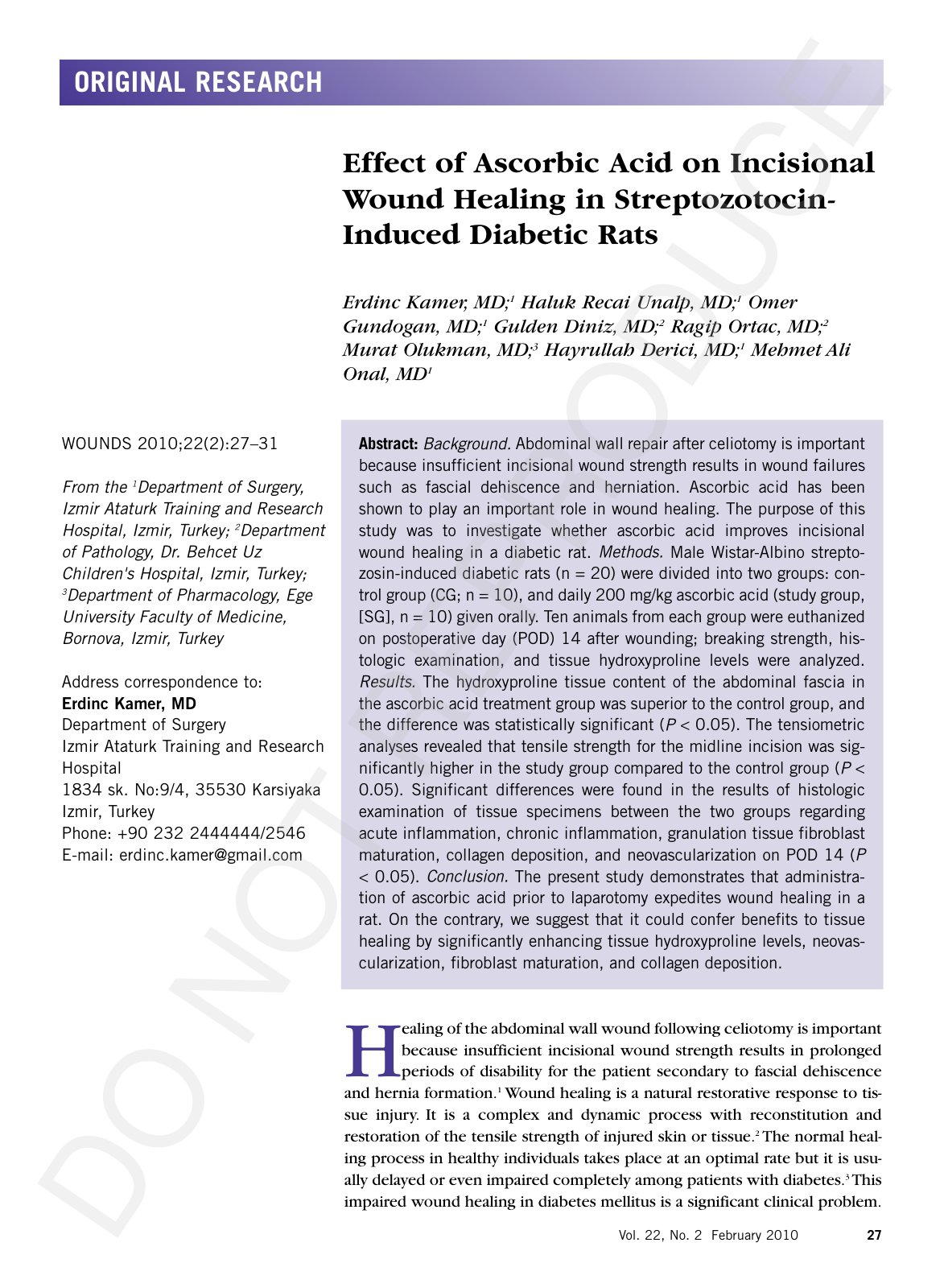 First page of Effect of Ascorbic Acid on Incisional Wound Healing in Streptozotocin-Induced Diabetic Rats