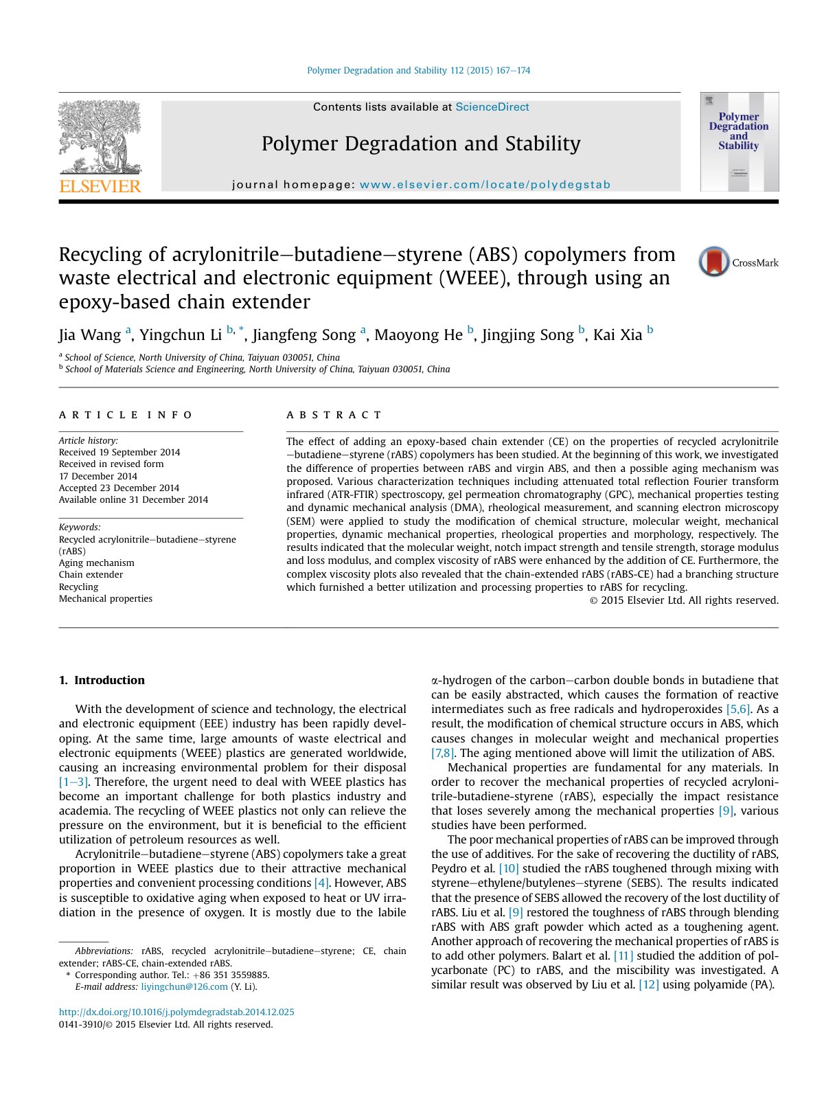 First page of Recycling of acrylonitrile butadiene styrene  ABS  copolyme 2015 Polymer Deg