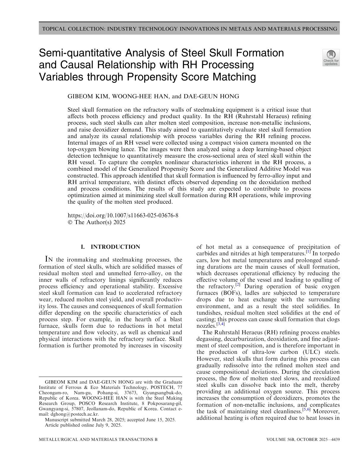 First page of 2025 Gibeom Kim Semi quantitative Analysis of Steel Skull Formation and Causal Relationship with RH Processing Variables through Propensity Score Matching s11663