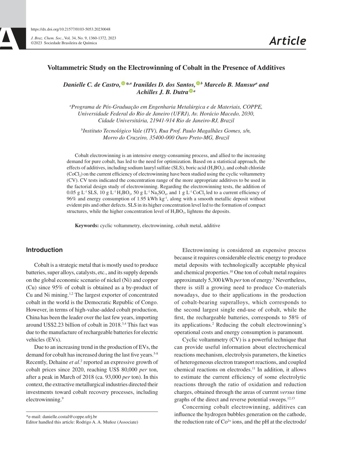 First page of Voltammetric Study on the Electrowinning