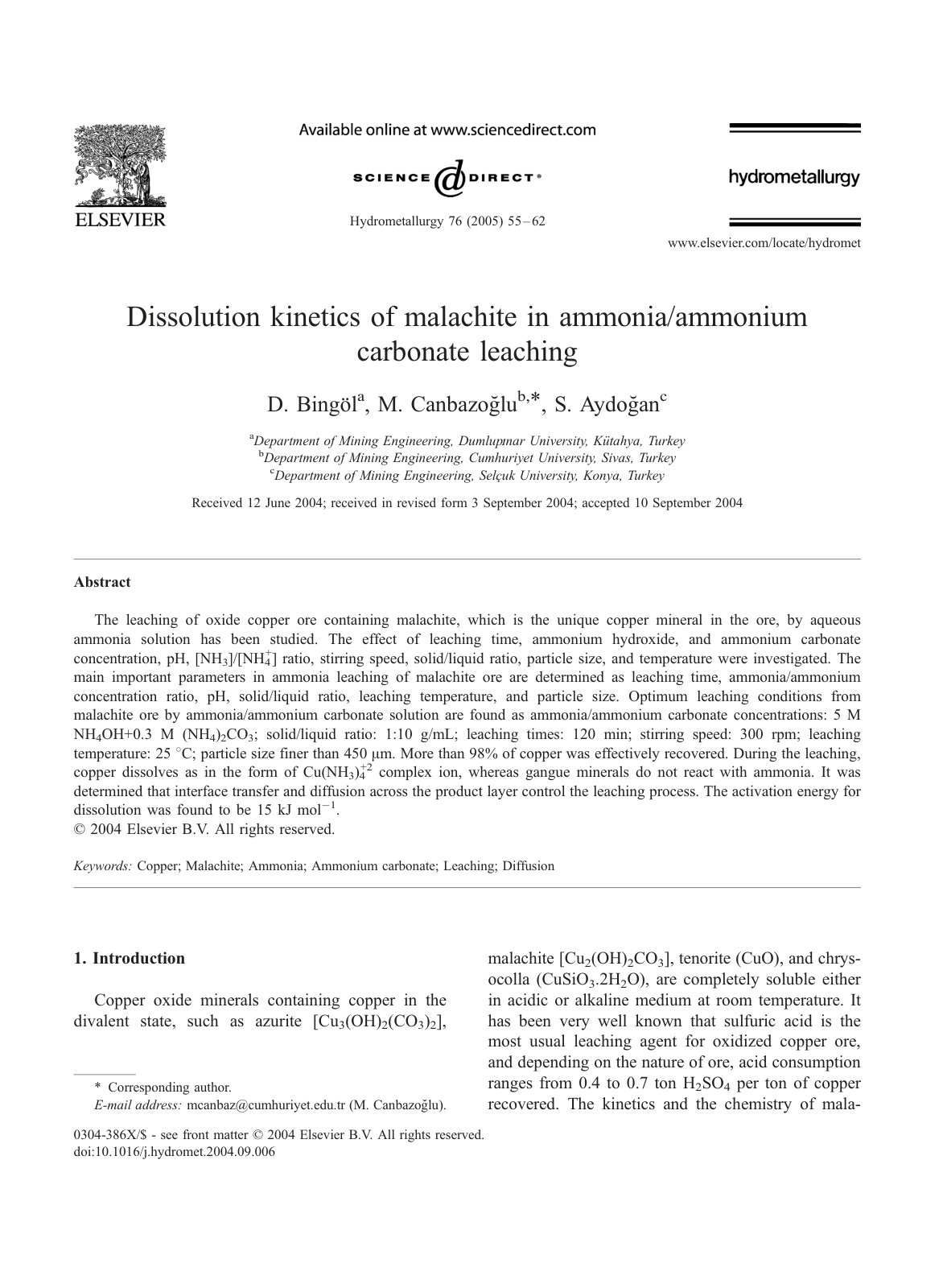 First page of Dissolution kinetics of malachite in amm