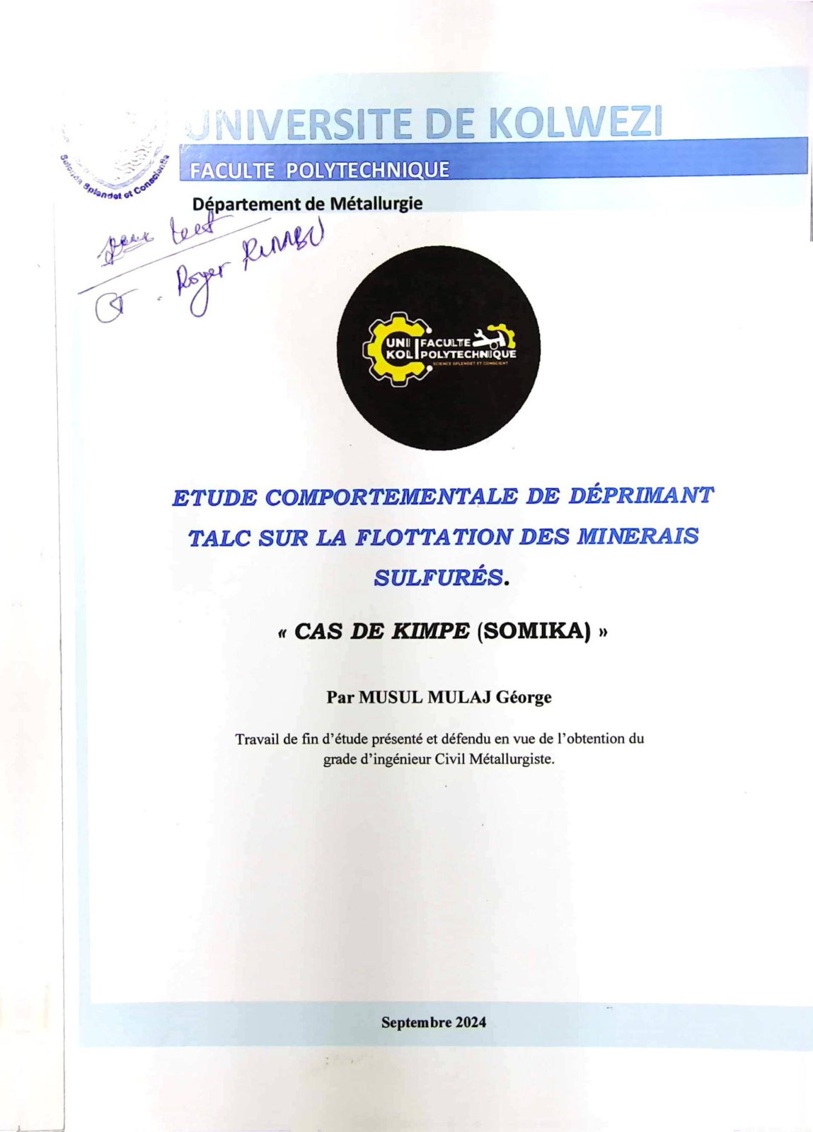 First page of ETUDE COMPORTEMENTALE DE DEPRIMANT TALC SUR LA FLOTTATION DES MINERAIS SULFURES. « CAS DE KIMPE (SOMIKA) »