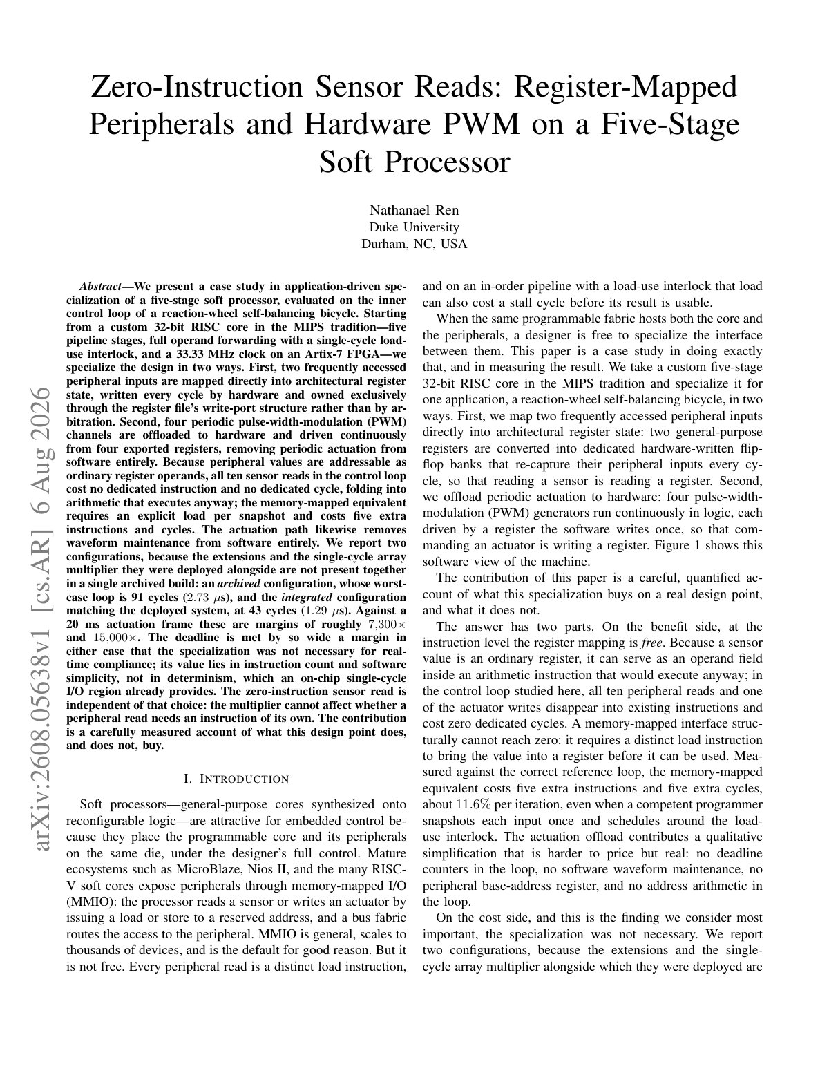 First page of Zero-Instruction Sensor Reads: Register-Mapped Peripherals and Hardware PWM on a Five-Stage Soft Processor
