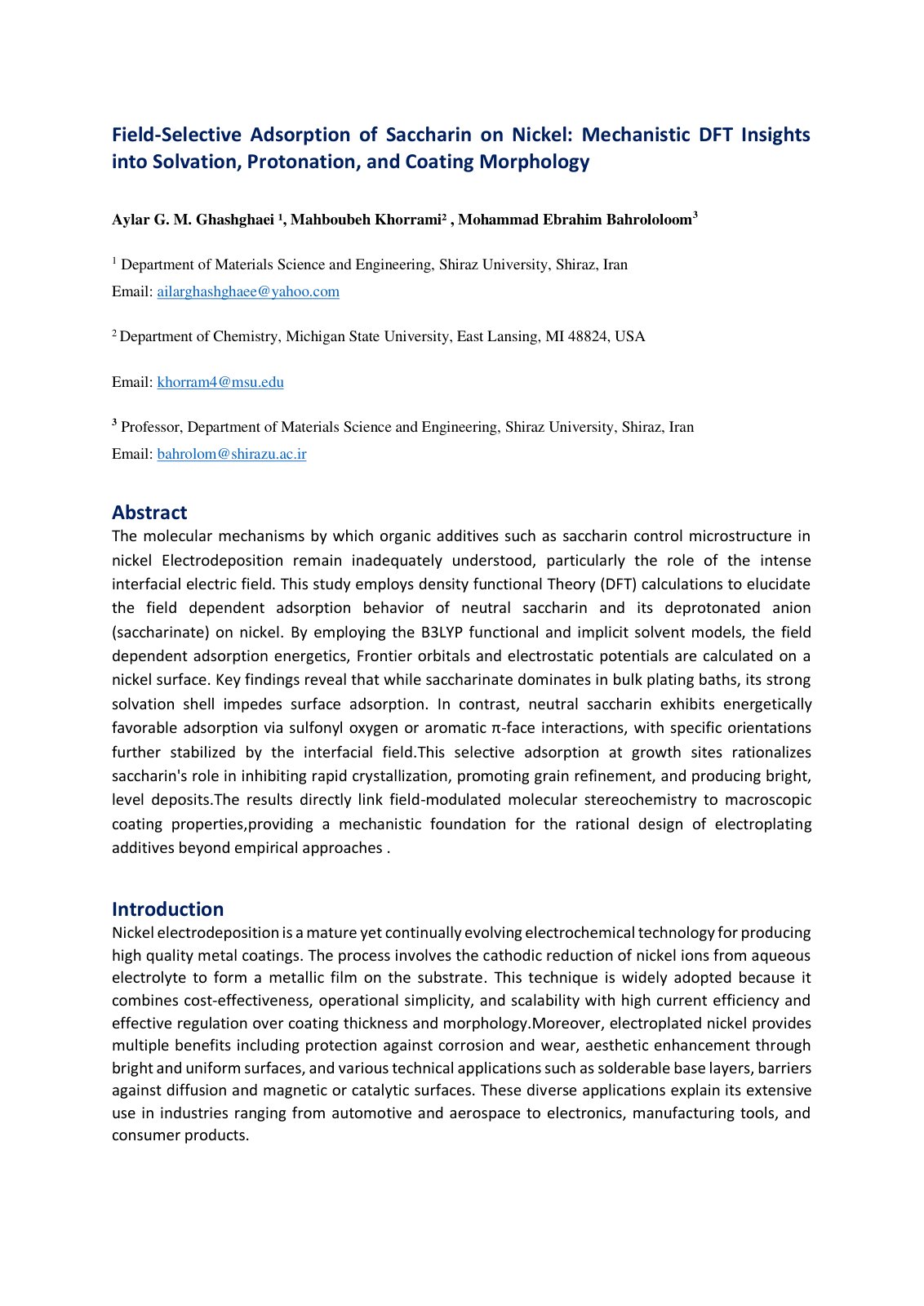 First page of Field-Selective Adsorption of Saccharin on Nickel: Mechanistic DFT Insights