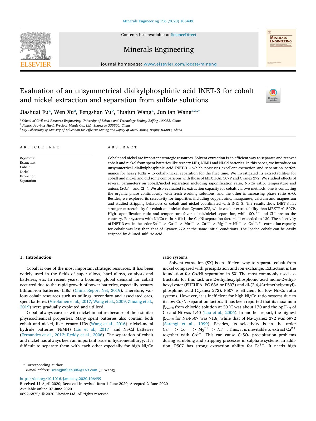 First page of Evaluation of an unsymmetrical dialkylphosphinic acid INET 3  2020 Minerals 