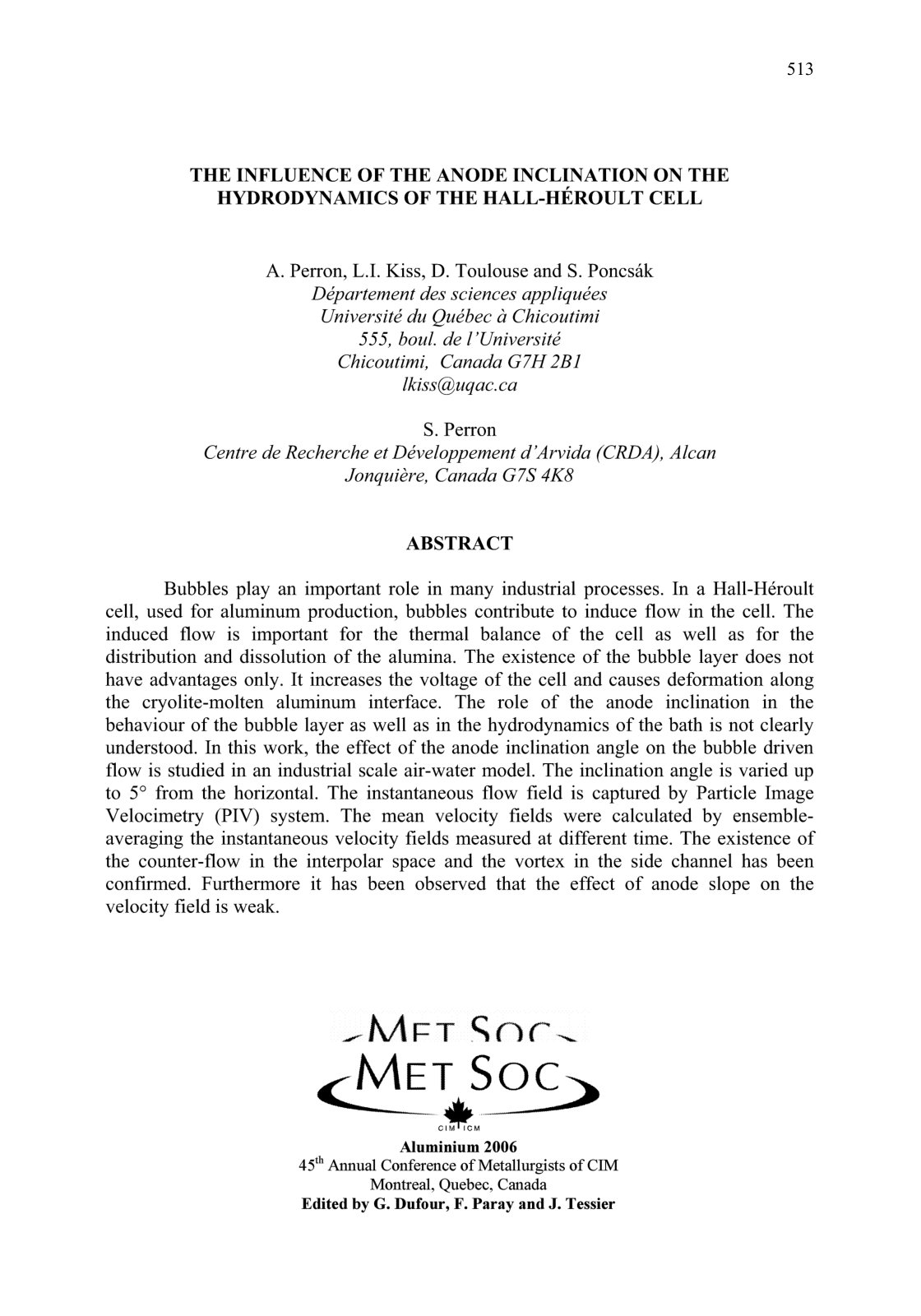 First page of THE INFLUENCE OF THE ANODE INCLINATION ON THE HYDRODYNAMICS OF THE HALL-HEROULT CELL