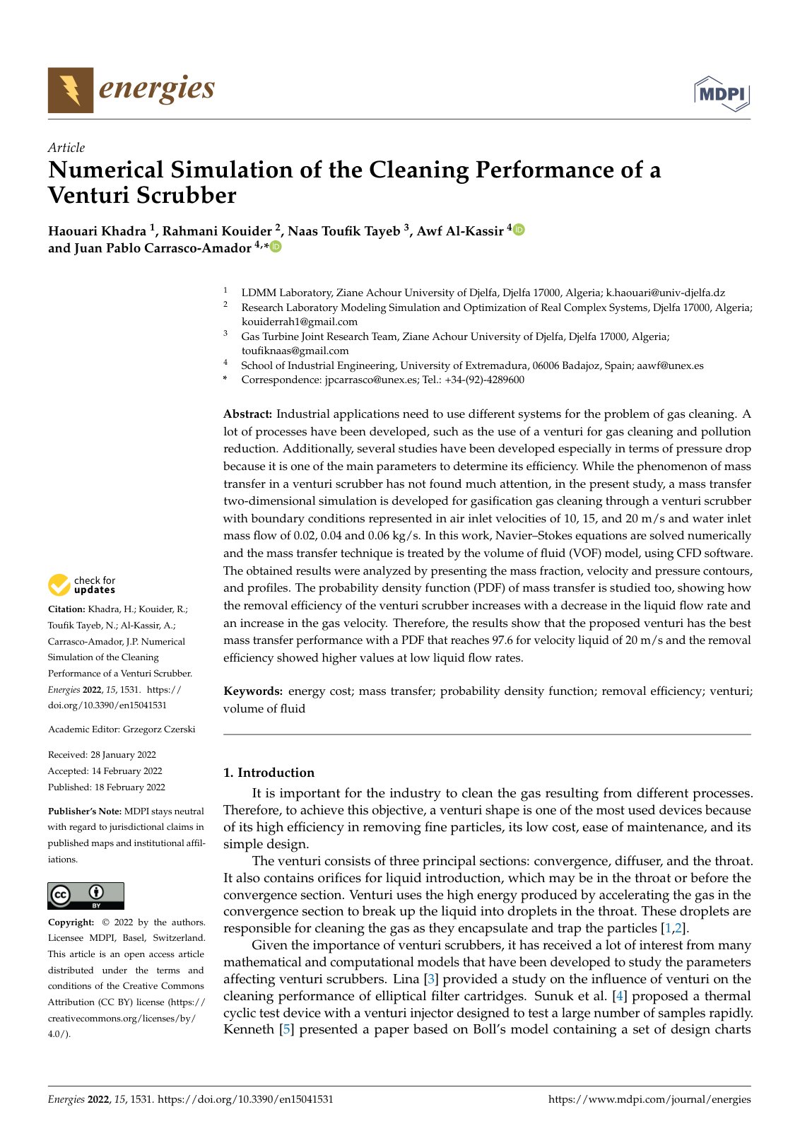 First page of Numerical Simulation of the Cleaning Performance of a Venturi Scrubber
