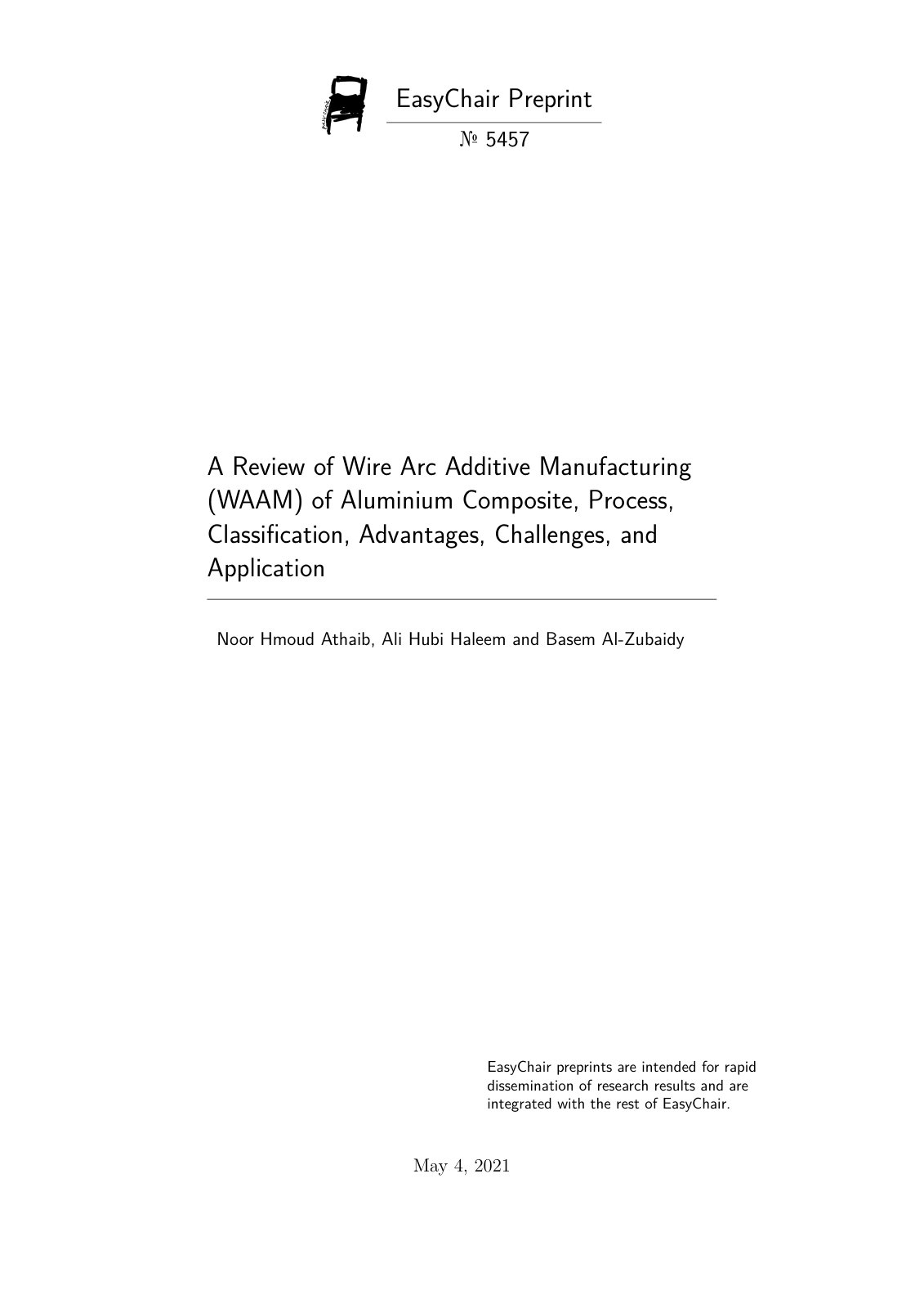 First page of A Review of Wire Arc Additive Manufacturing (WAAM) of Aluminium Composite, Process, Classification, Advantages, Challenges, and Application