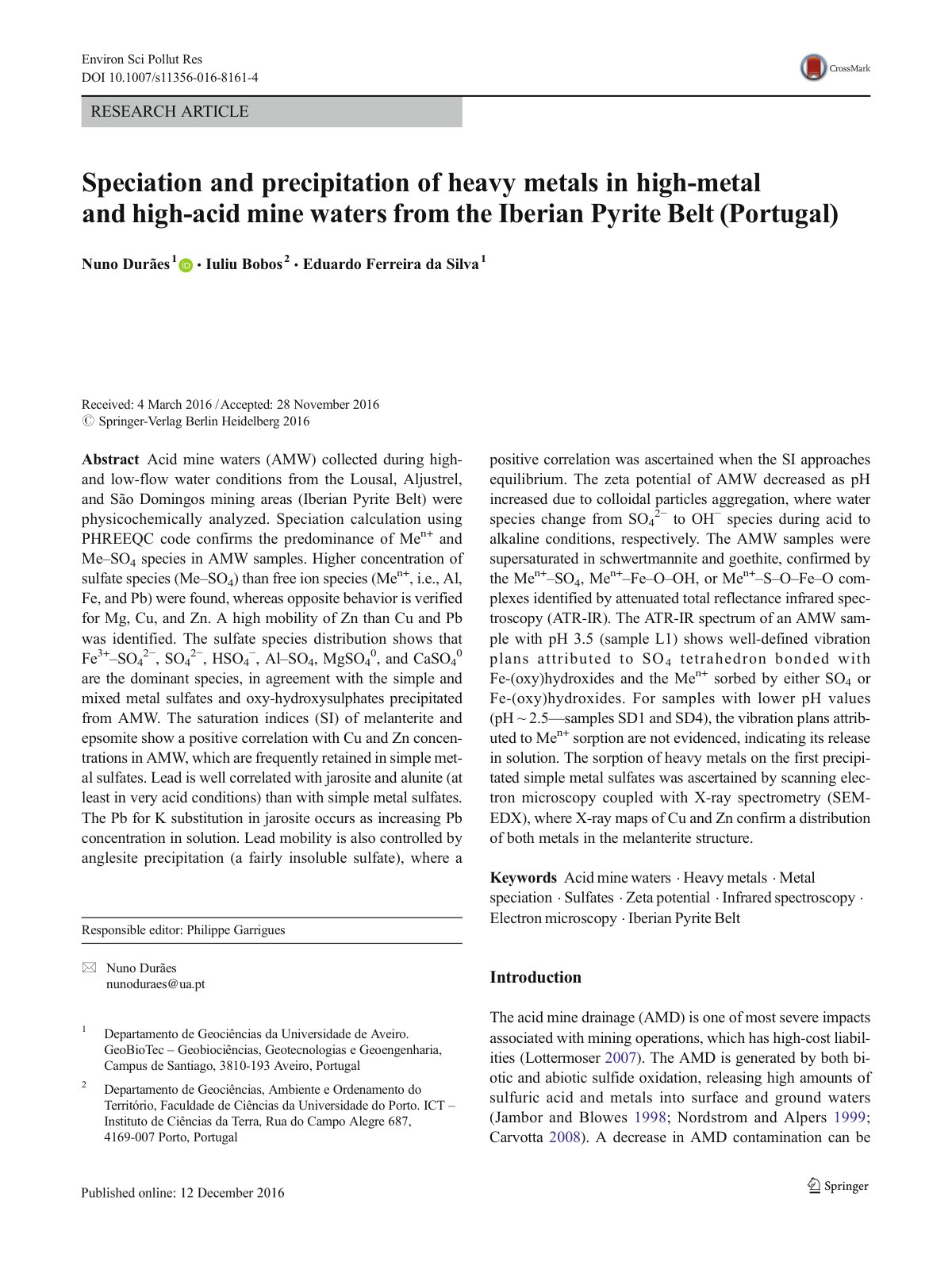 First page of Speciation and precipitation of heavy metals in high-metal and high-acid mine waters from the Iberian Pyrite Belt (Portugal)