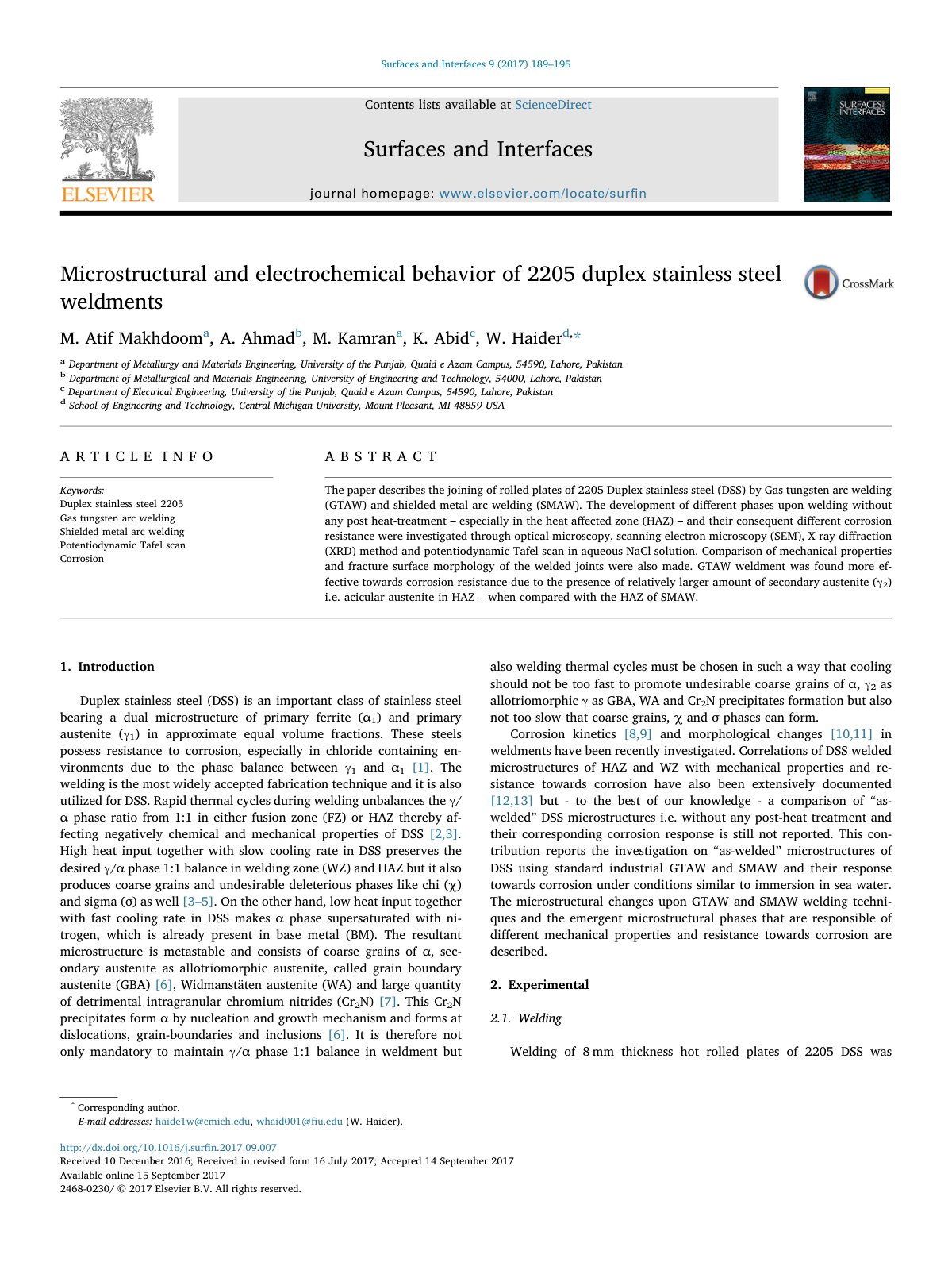 First page of Microstructural and electrochemical behavior of 2205 duplex stainless steel weldments