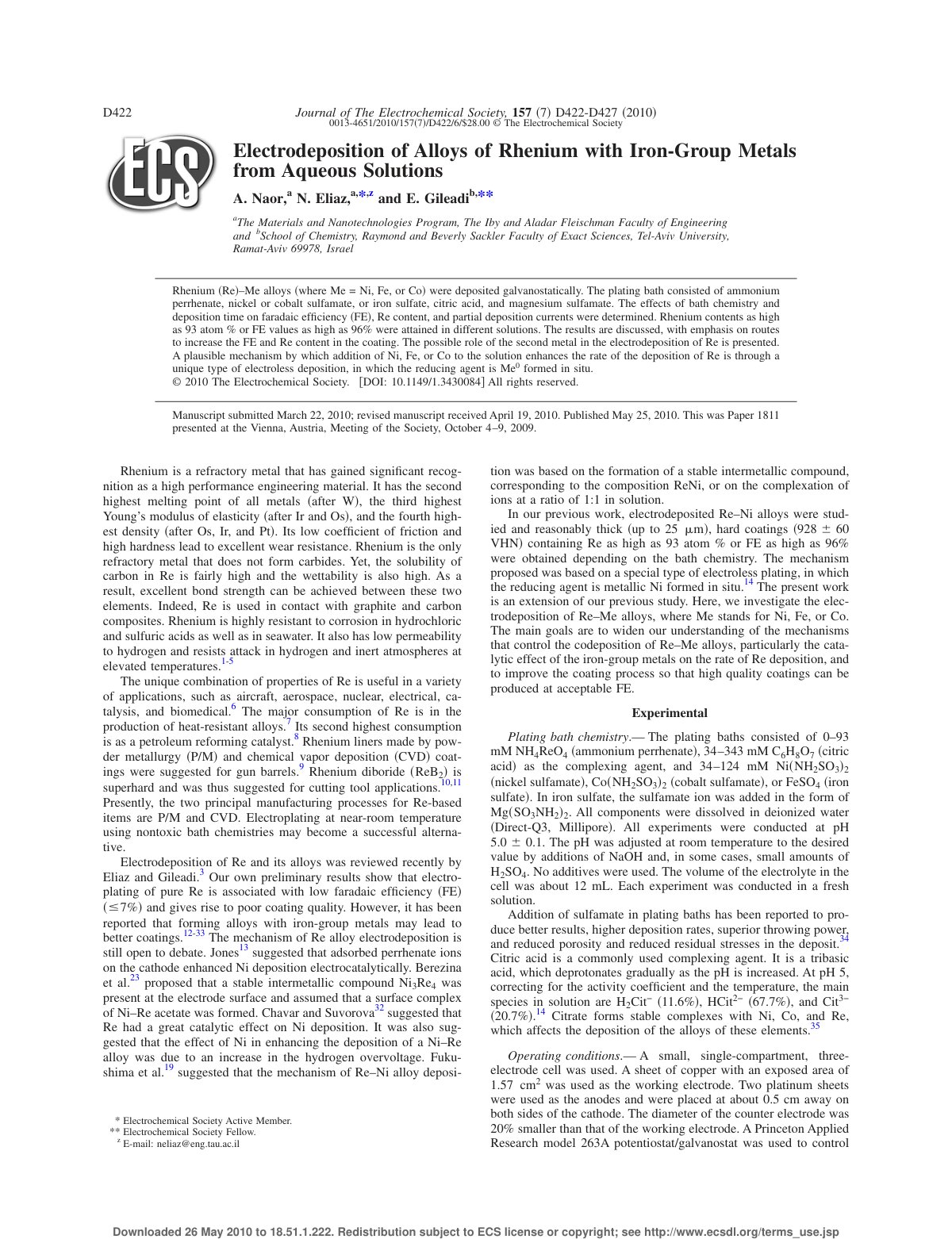 First page of Electrodeposition of Alloys of Rhenium w