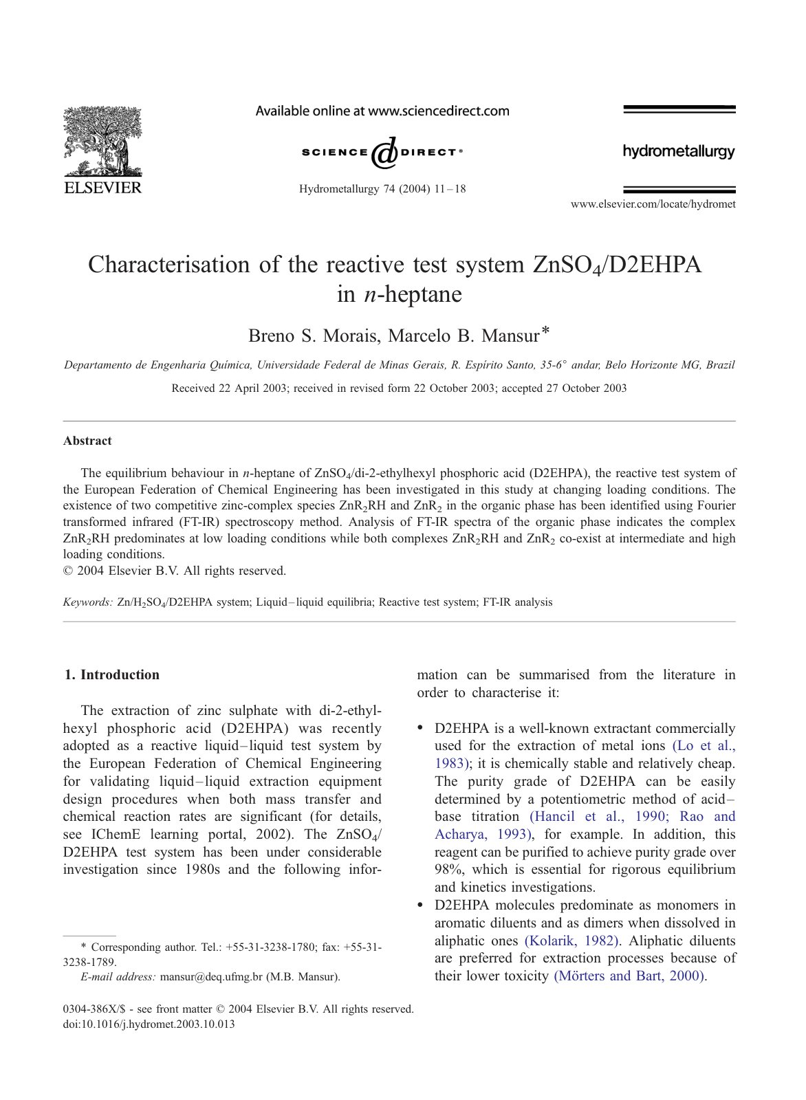 First page of Characterisation of the reactive test system ZnSO 4/D2EHPA in n-heptane