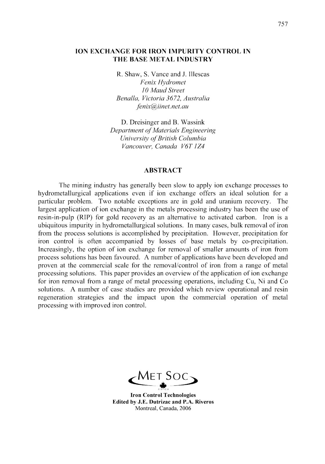 First page of ION EXCHANGE FOR IRON IMPURITY CONTROL IN THE BASE METAL INDUSTRY