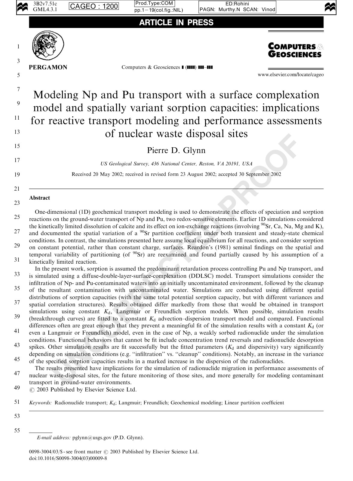 First page of Modeling Np and Pu transport with a surface complexation model and spatially variant sorption capacities: implications for reactive transport modeling and performance assessments of nuclear waste disposal sites
