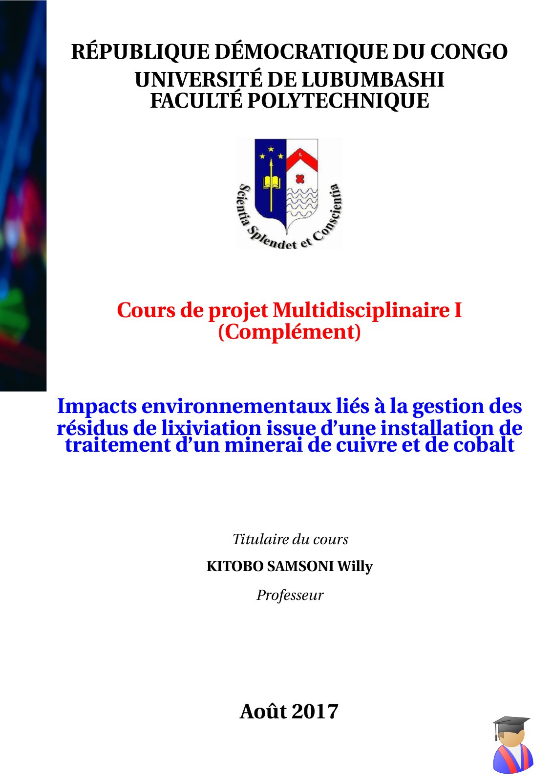 First page of Impacts environnementaux liés à la gestion des résidus de lixiviation issue d’une installation de traitement d’un minerai de cuivre et de cobalt