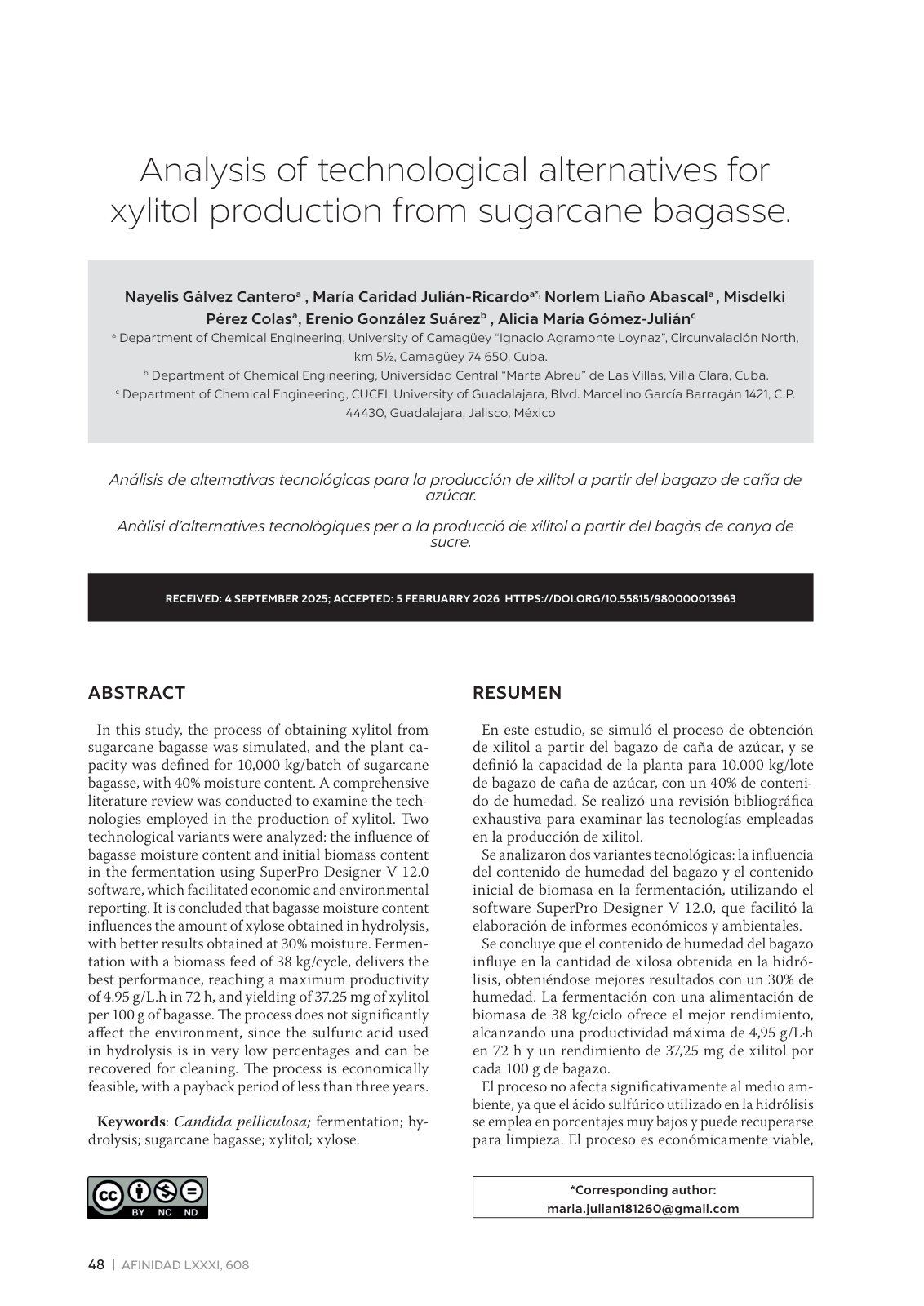 First page of Analysis of technological alternatives for xylitol