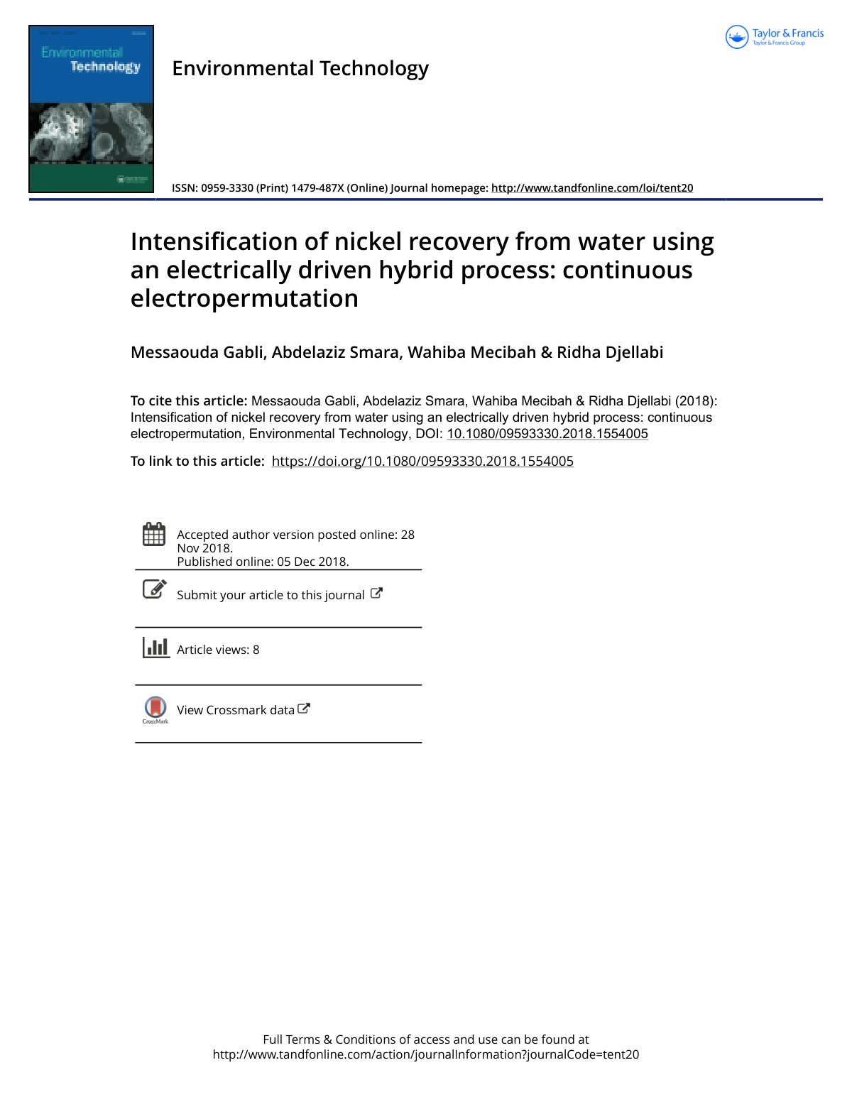 First page of Intensification of nickel recovery from water using an electrically driven hybrid process: continuous electropermutation