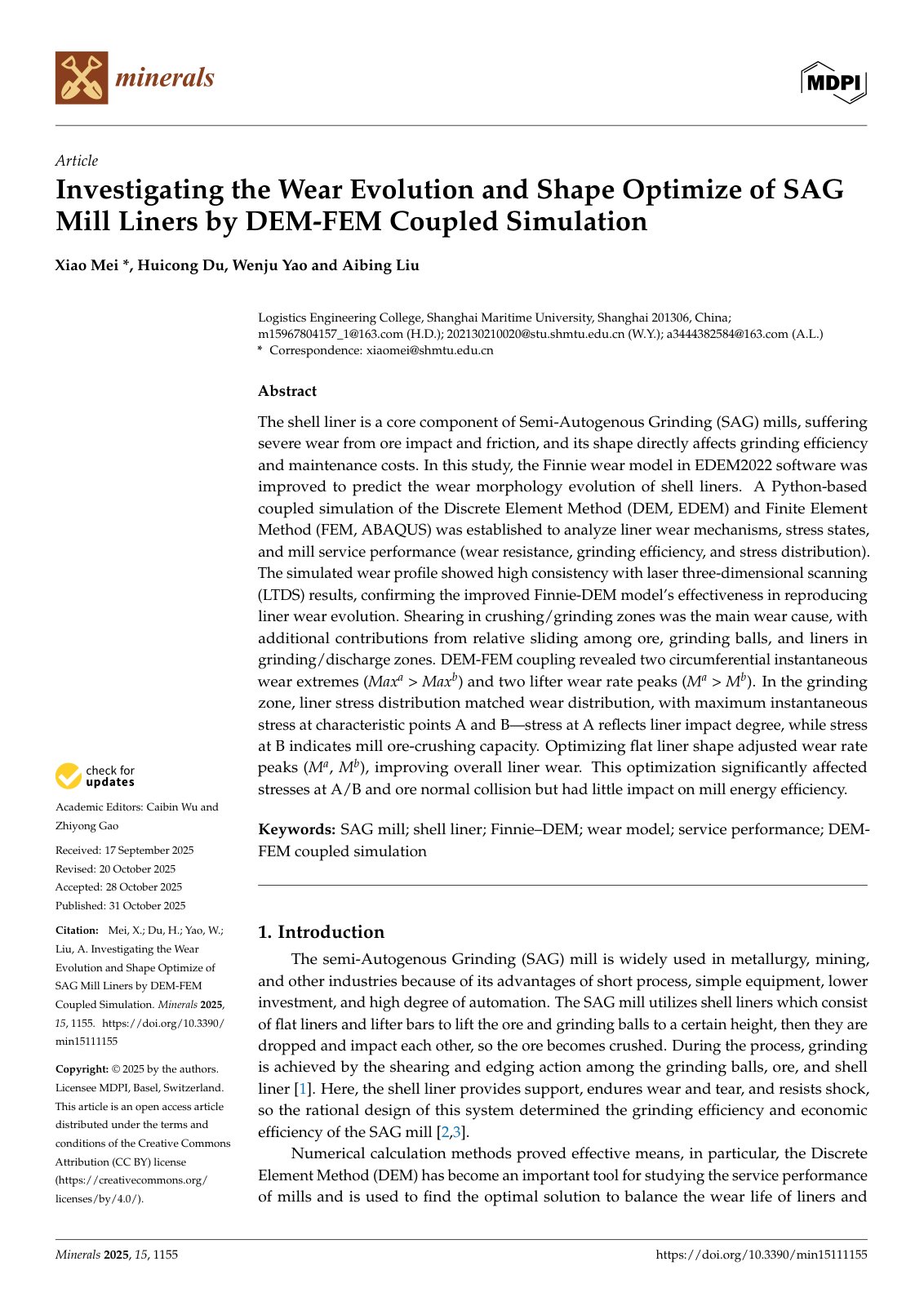 First page of Investigating the Wear Evolution and Shape Optimize of SAG Mill Liners by DEM-FEM Coupled Simulation