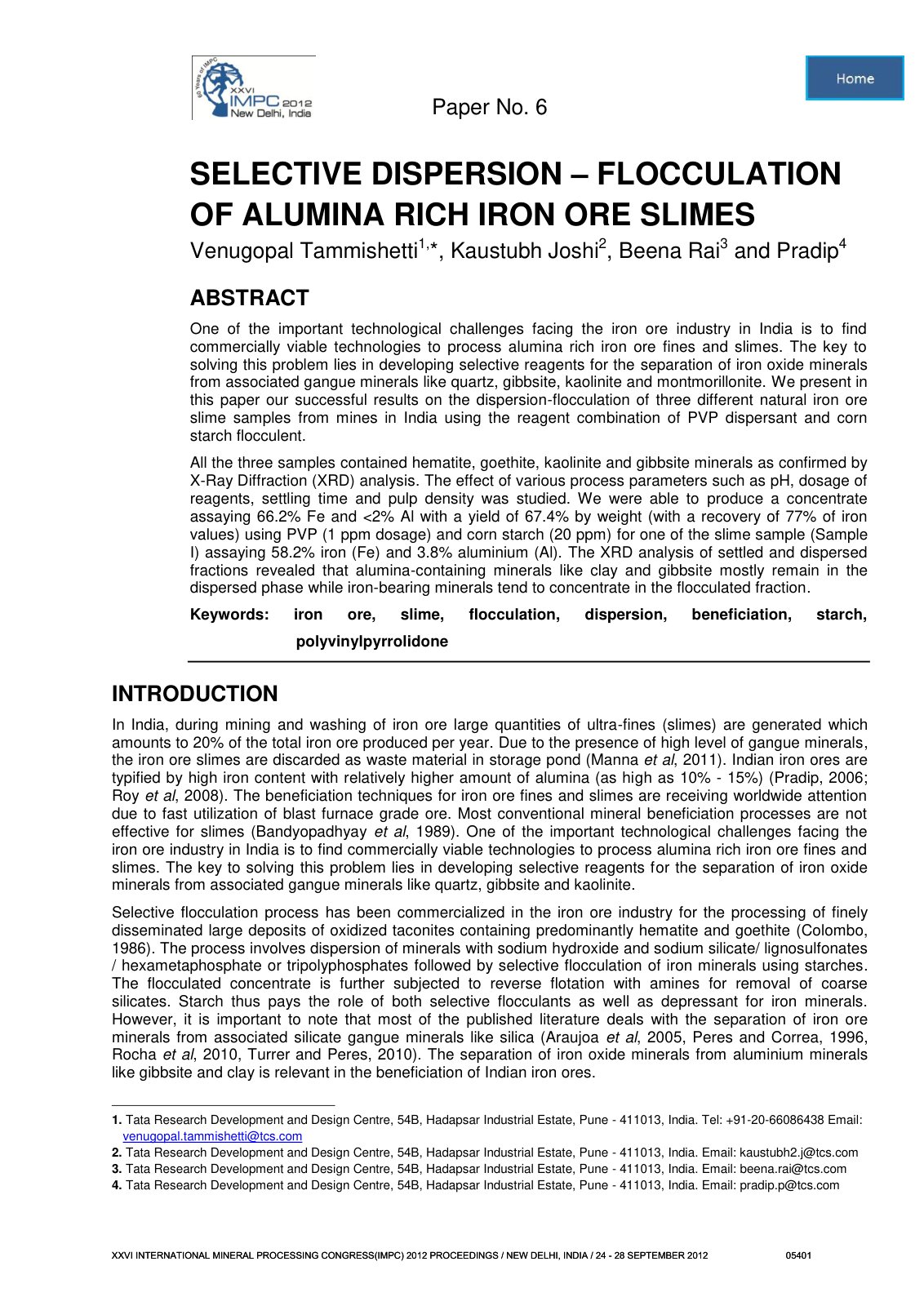First page of SELECTIVE DISPERSION – FLOCCULATION OF ALUMINA RICH IRON ORE SLIMES