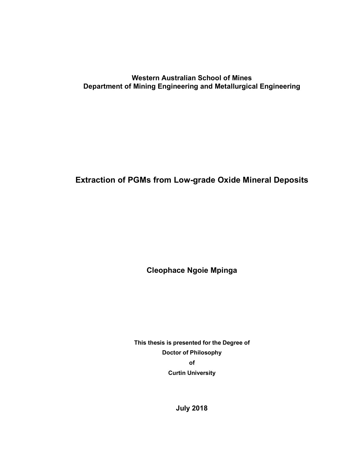 First page of Extraction of PGMs from Low-grade Oxide Mineral Deposits