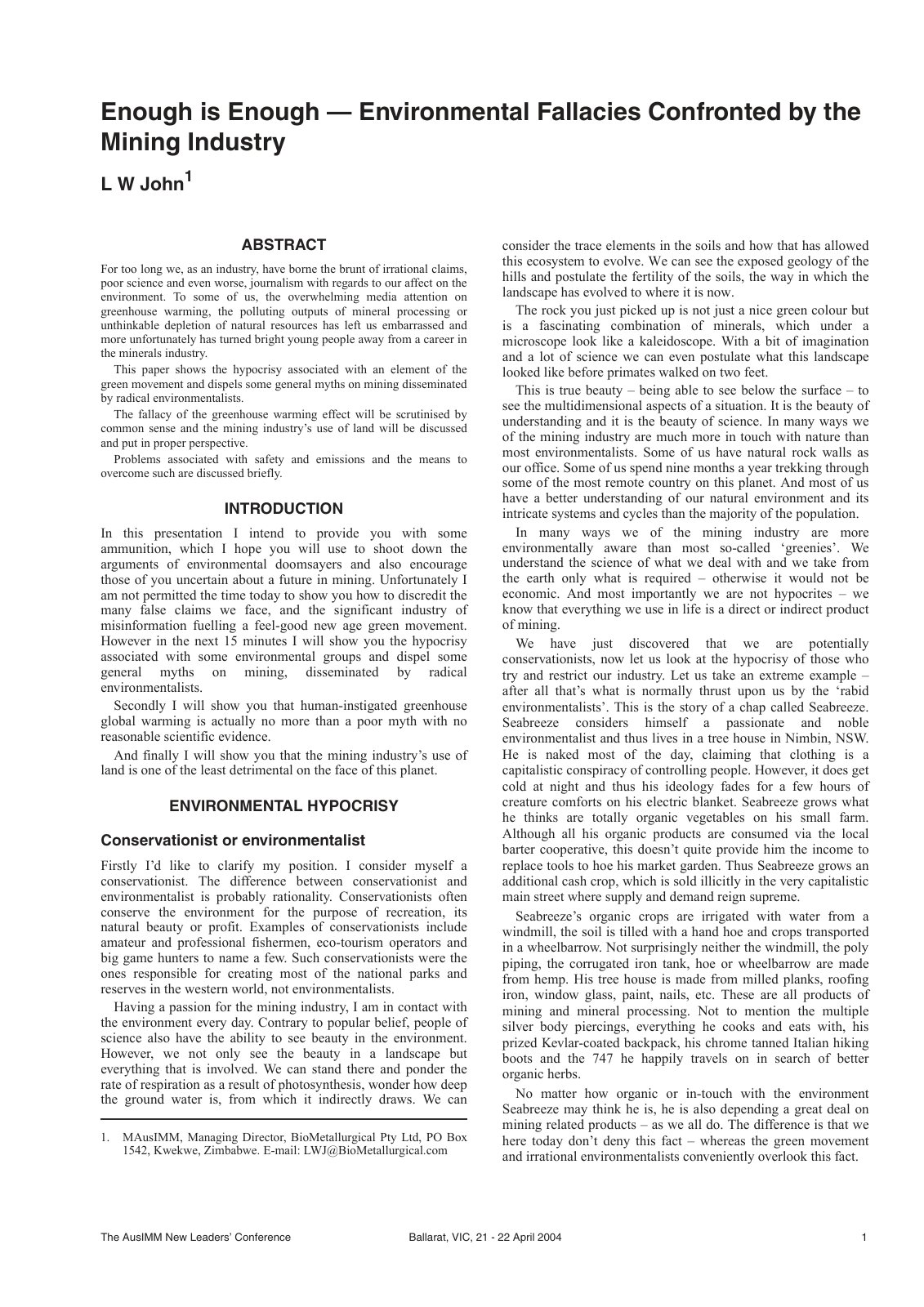 First page of Enough is Enough — Environmental Fallacies Confronted by the Mining Industry