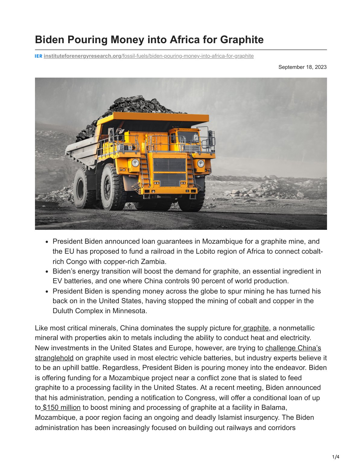 First page of instituteforenergyresearch.org Biden Pouring Money into Africa for Graphite