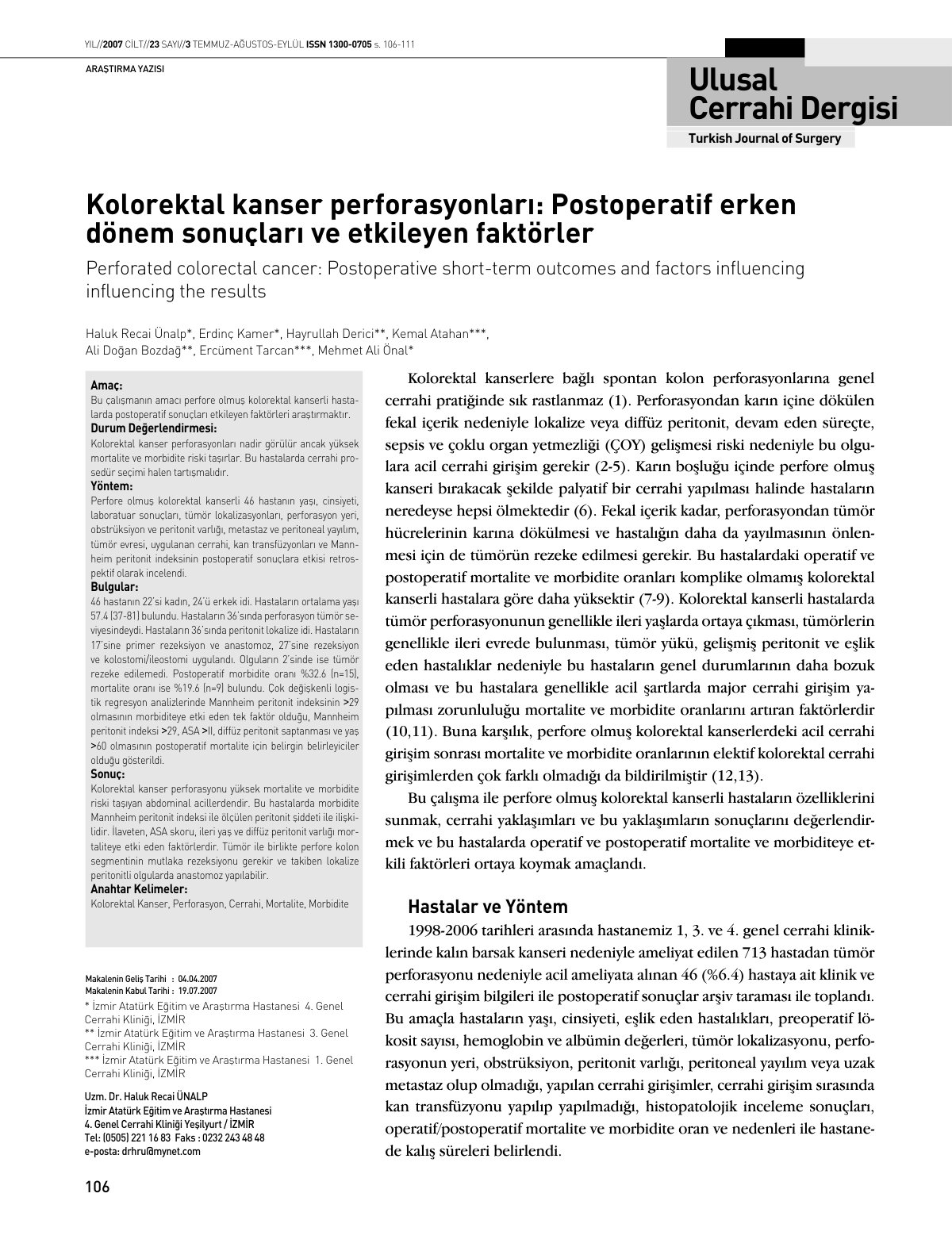 First page of Perfore Olmuş Kolorektal Kanserli Hastalarda Postoperatif Sonuçları Etkileyen Faktörler