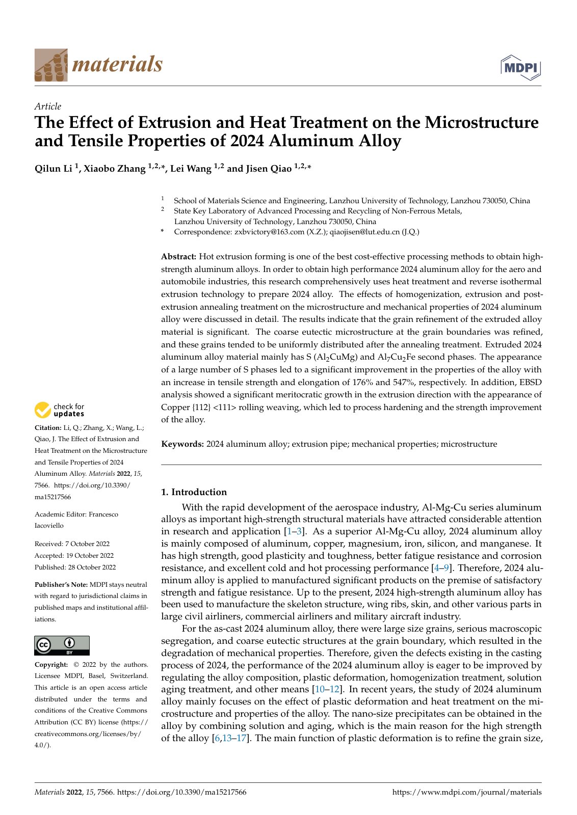 First page of The Effect of Extrusion and Heat Treatment on the Microstructure and Tensile Properties of 2024 Aluminum Alloy