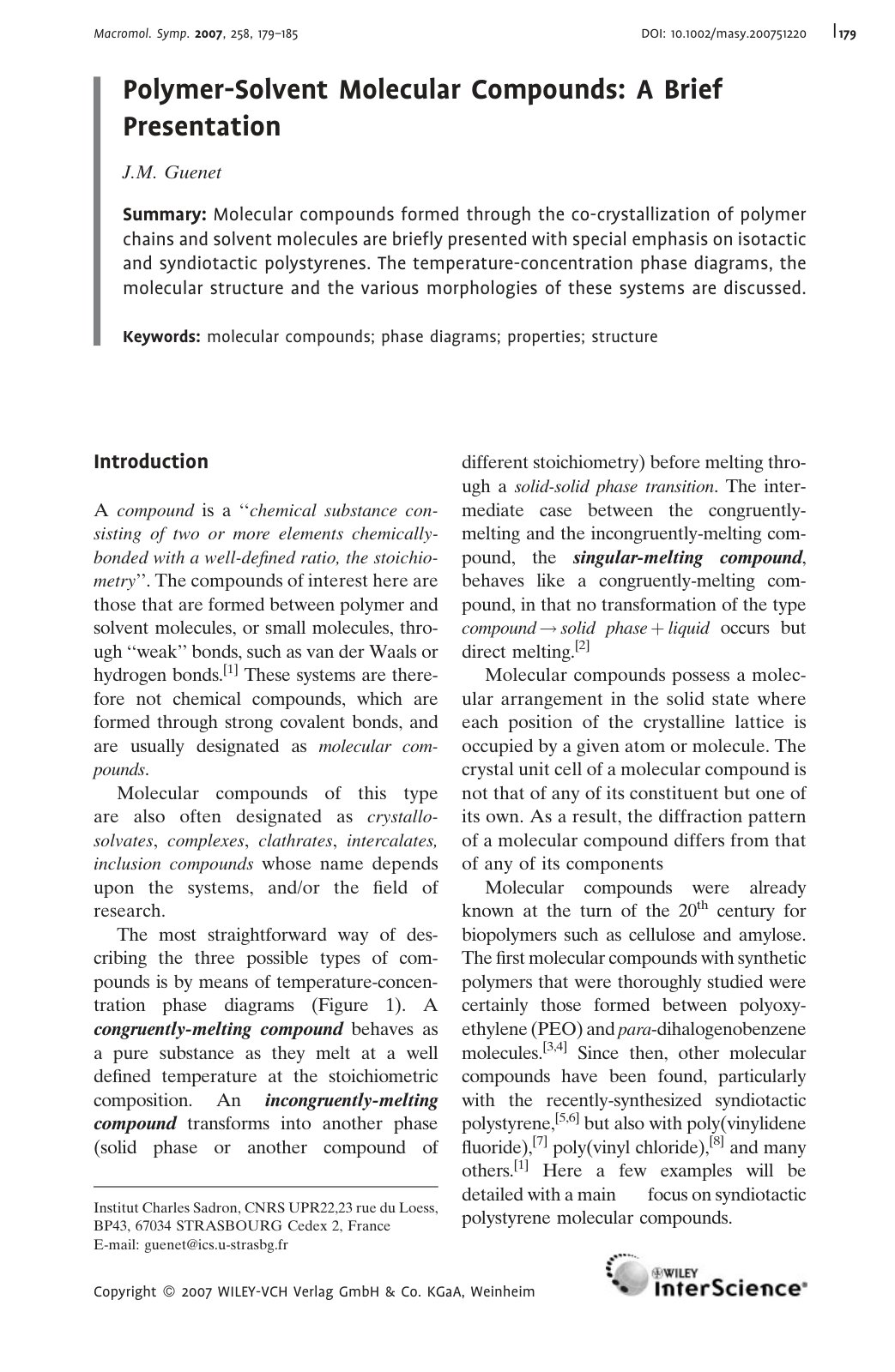 First page of Polymer-Solvent Molecular Compounds: A Brief Presentation