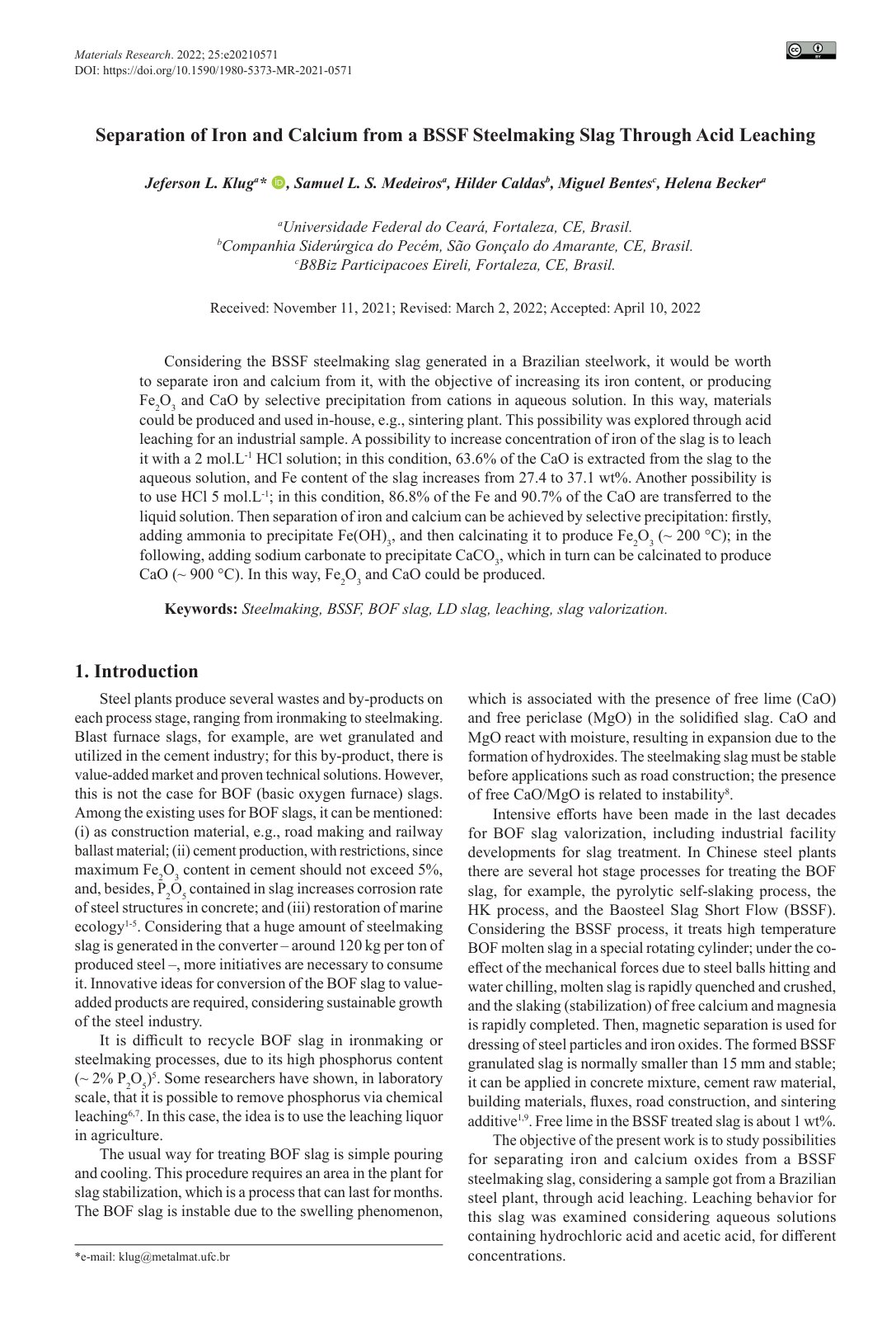 First page of Separation of Iron and Calcium from a BSSF Steelmaking Slag Through Acid Leaching