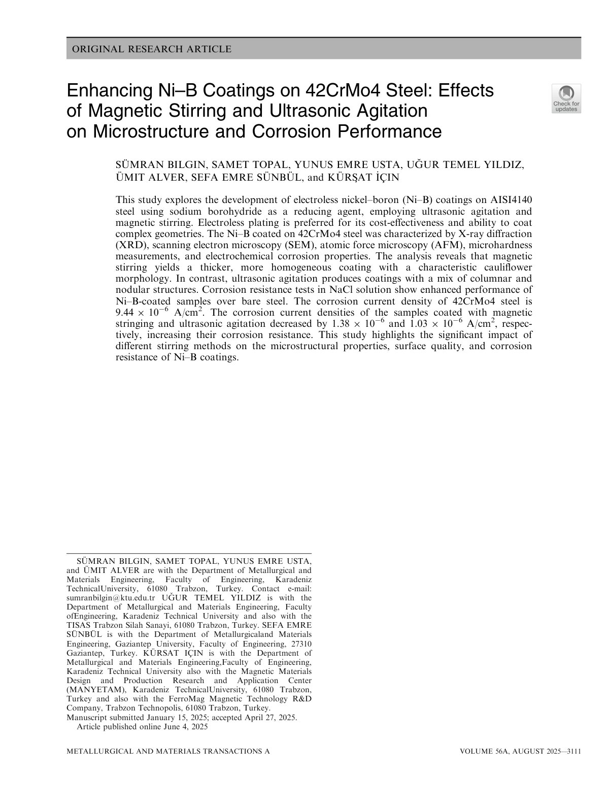 First page of Enhancing Ni–B Coatings on 42CrMo4 Steel: Effects of Magnetic Stirring and Ultrasonic Agitation on Microstructure and Corrosion Performance